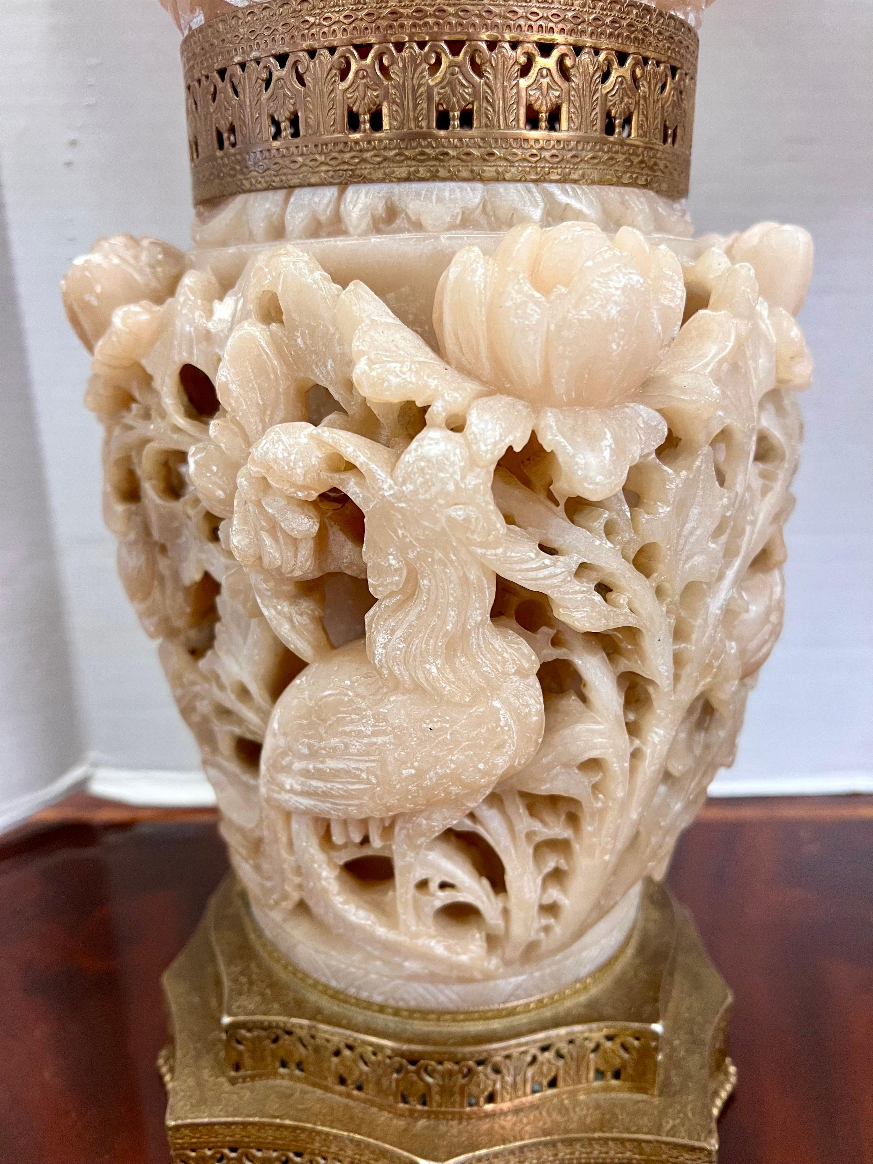 Ultra Rare Pair of Chinese Carved Pink Soapstone Urn Lamps with Shades In Good Condition For Sale In West Hartford, CT