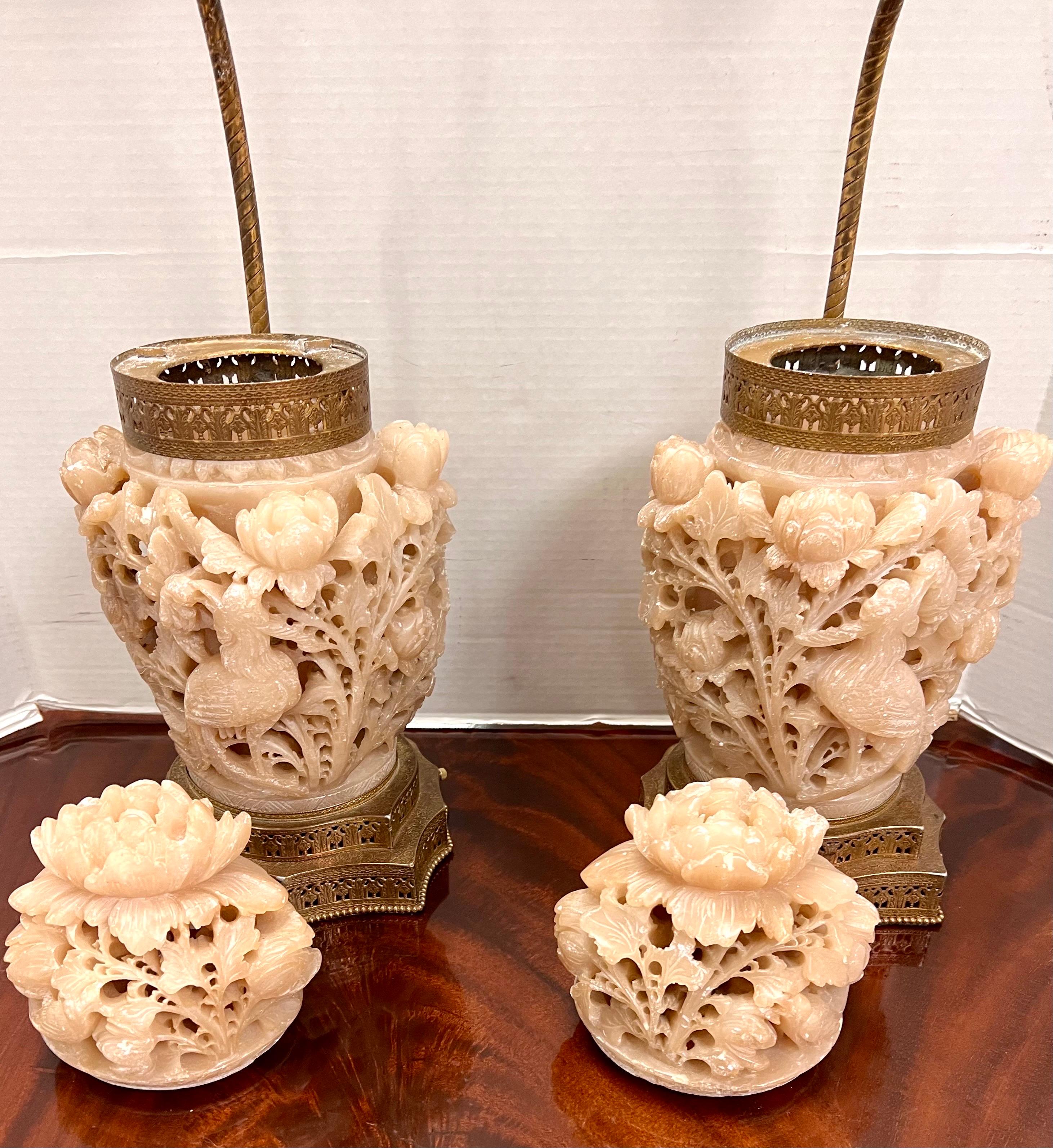 Ultra Rare Pair of Chinese Carved Pink Soapstone Urn Lamps with Shades For Sale 2