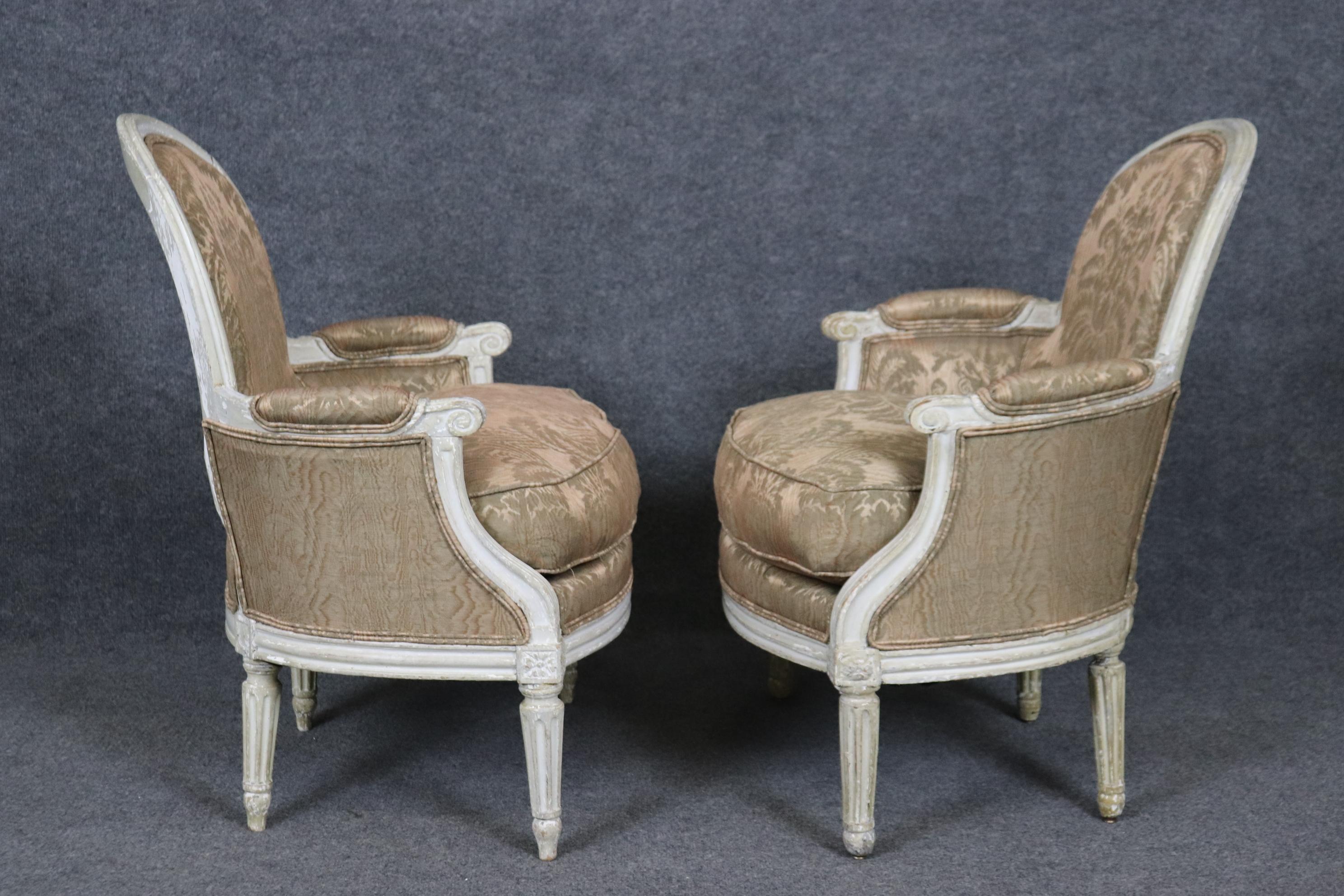 Walnut Ultra Rare Pair of Petite Sized Balloon Back French Louis XVI Bergere Chairs For Sale