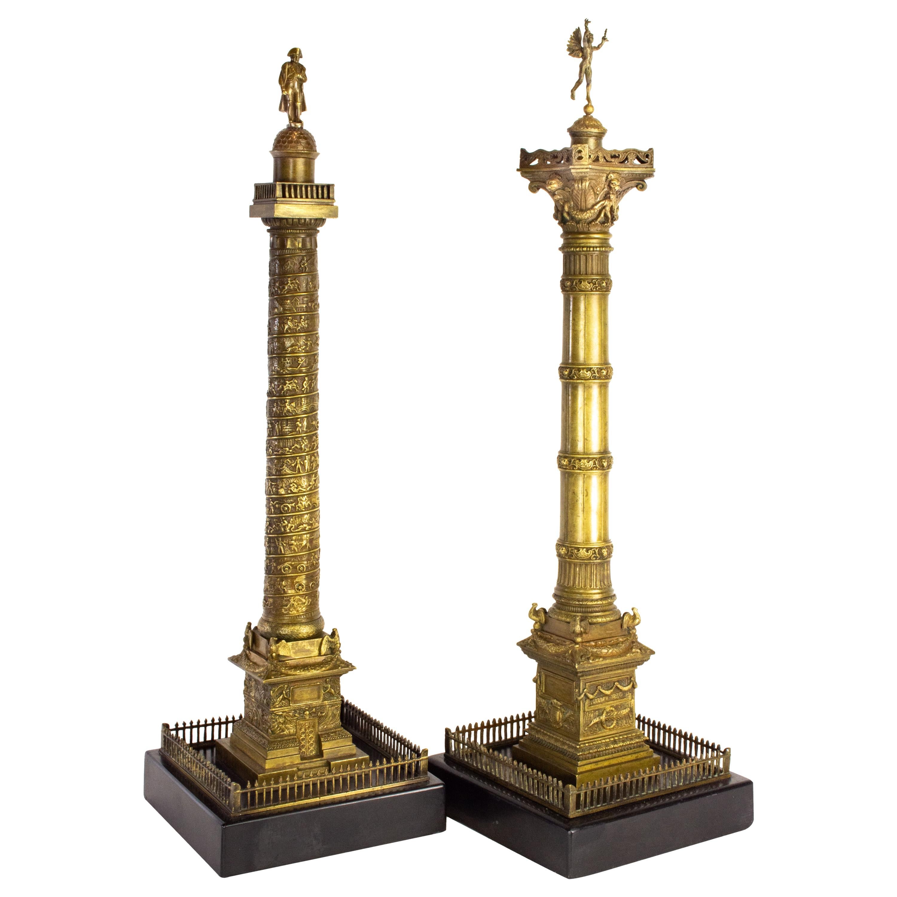 Pair of Richly Detailed 19th Century Bronze Vendome and July Columns, Paris For Sale
