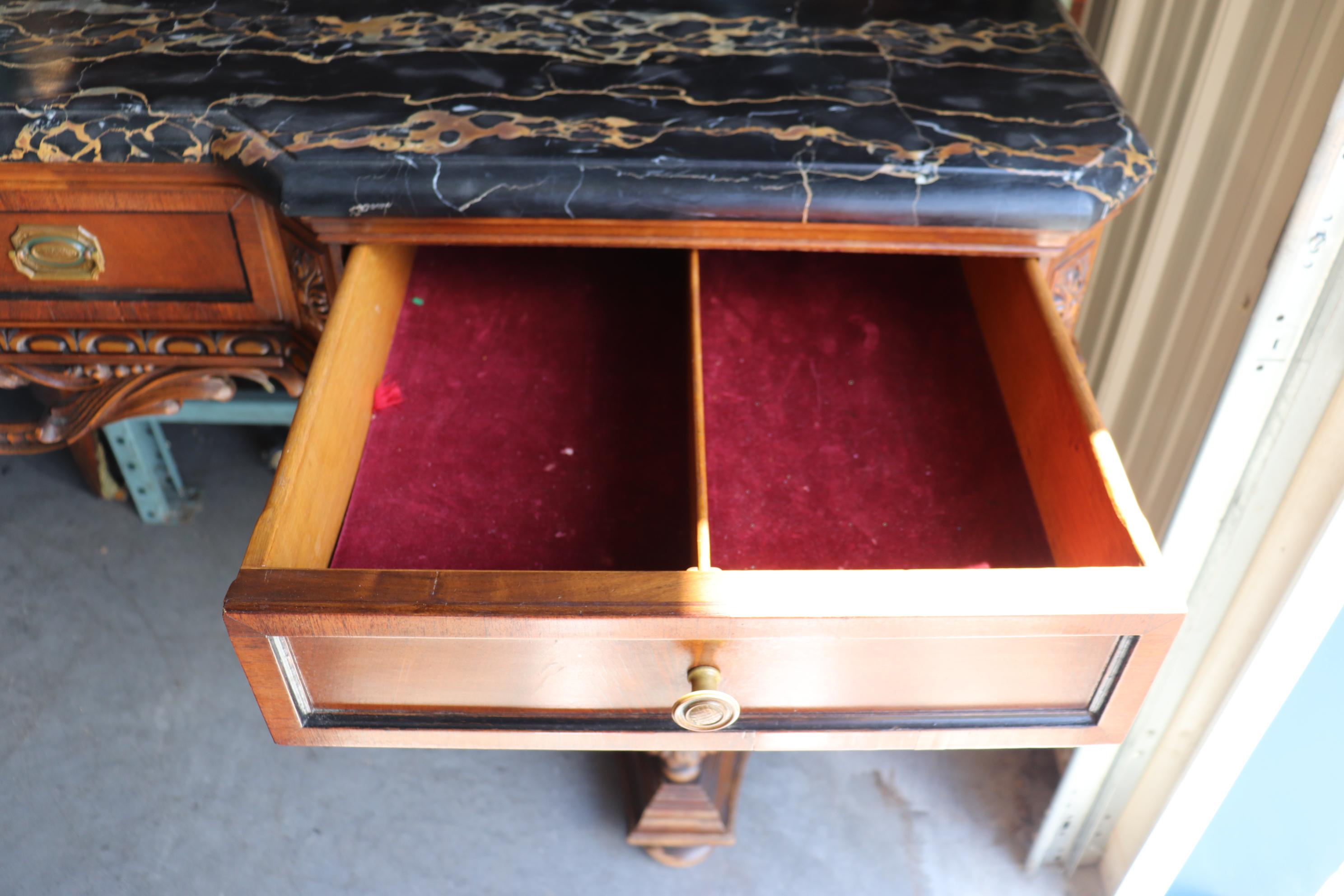 Ultra Rare Swan Carved Italian Portoro Marble Top Victorian Sideboard Buffet 7