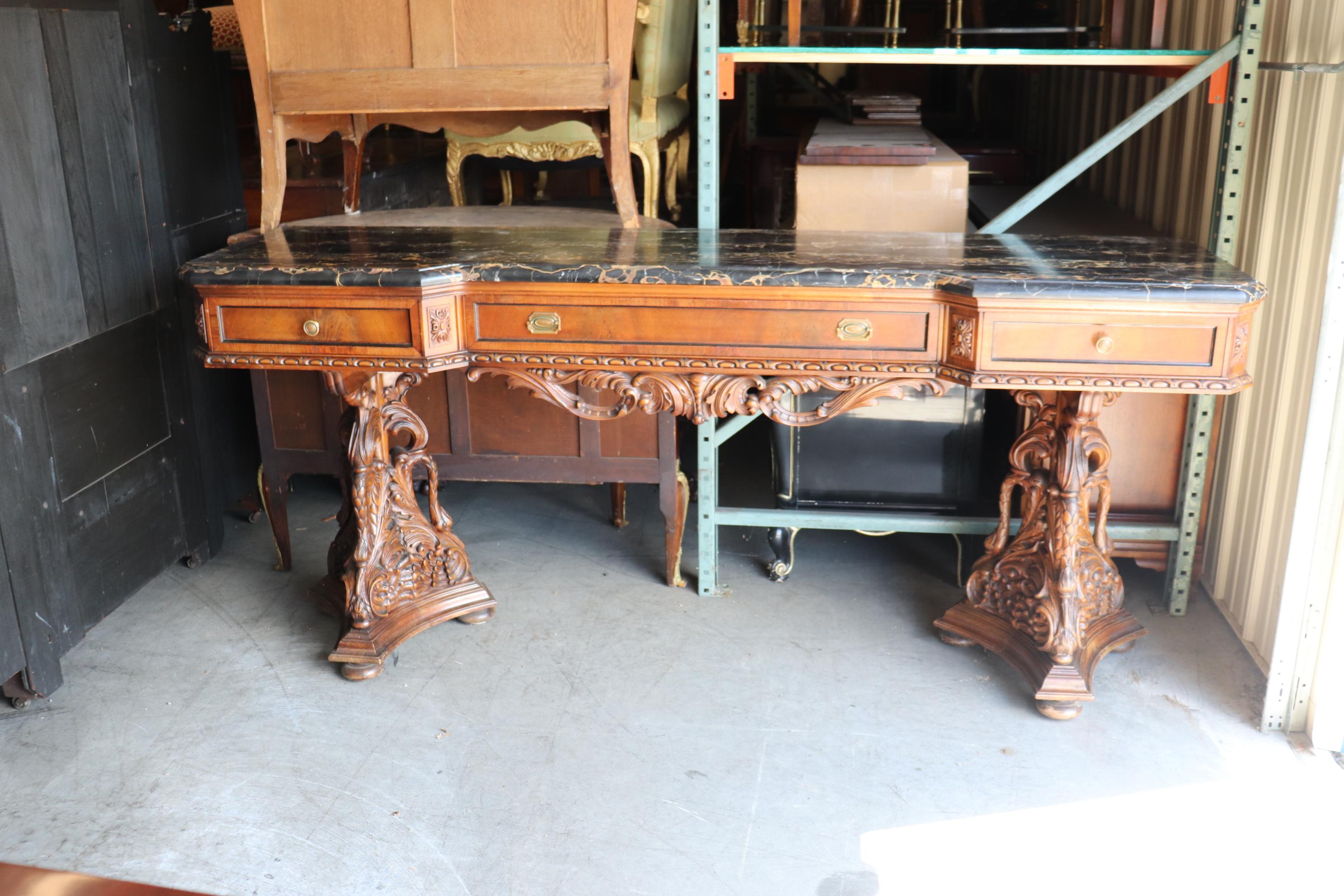 Late Victorian Ultra Rare Swan Carved Italian Portoro Marble Top Victorian Sideboard Buffet