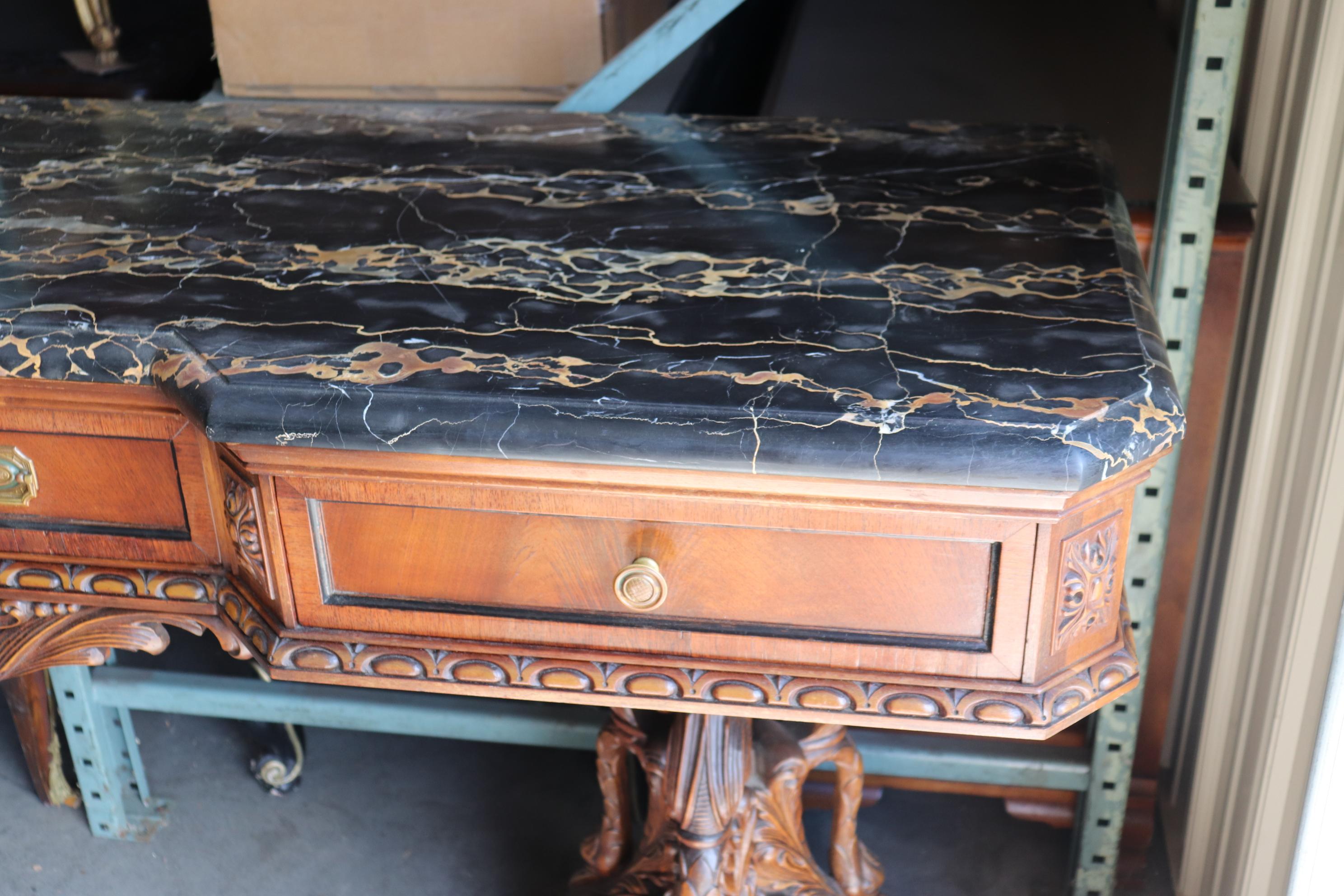 Ultra Rare Swan Carved Italian Portoro Marble Top Victorian Sideboard Buffet In Good Condition In Swedesboro, NJ