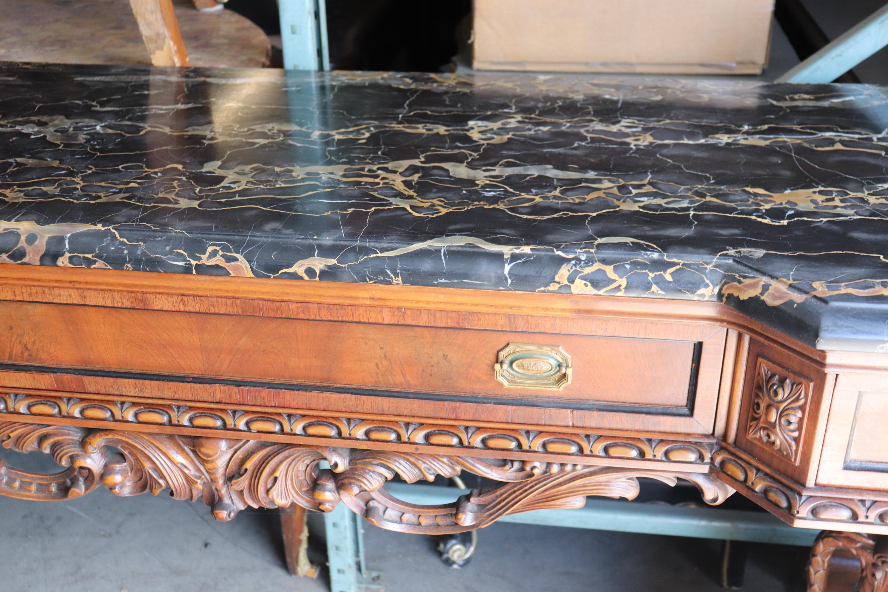 Early 20th Century Ultra Rare Swan Carved Italian Portoro Marble Top Victorian Sideboard Buffet