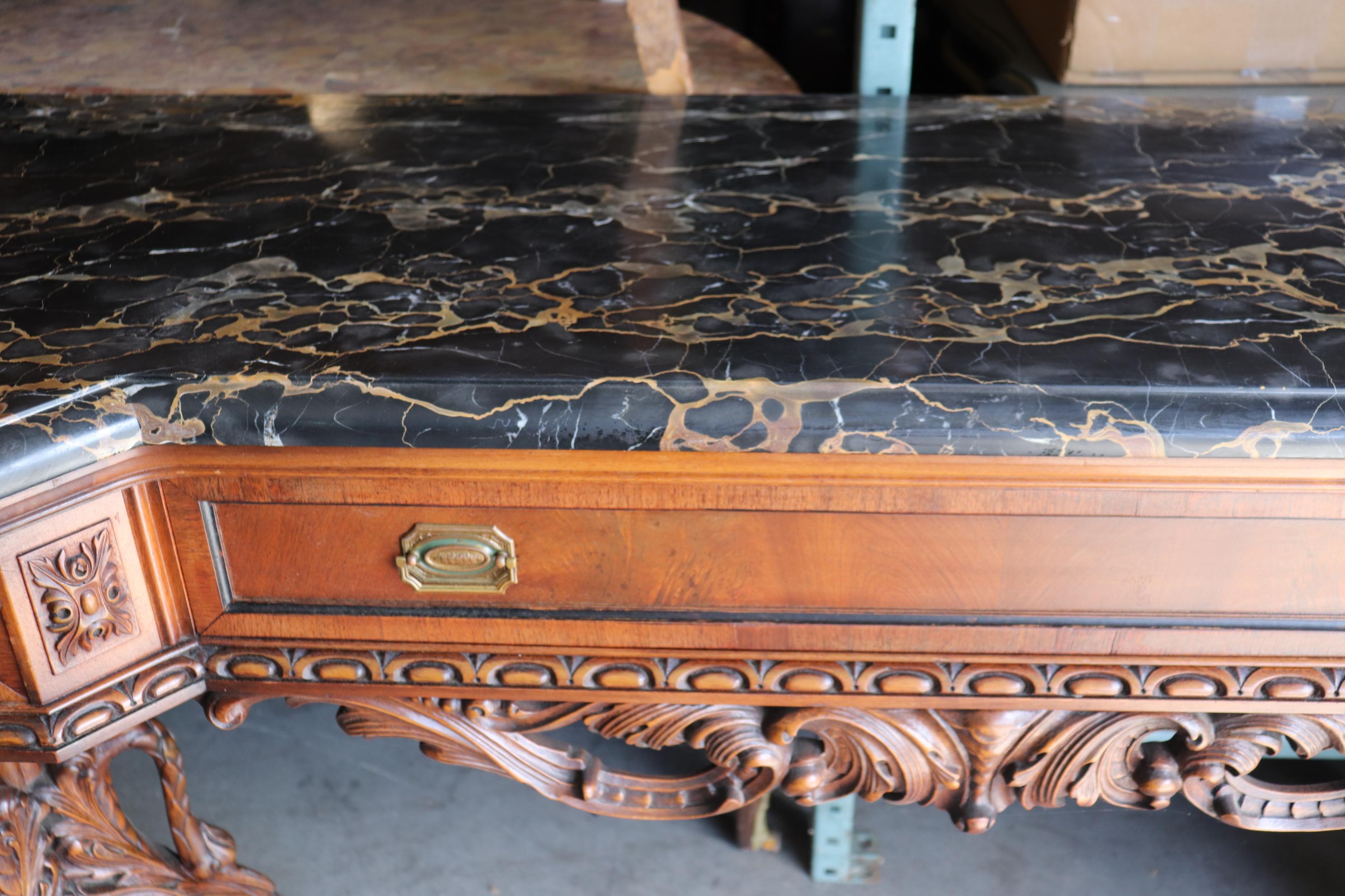 Walnut Ultra Rare Swan Carved Italian Portoro Marble Top Victorian Sideboard Buffet