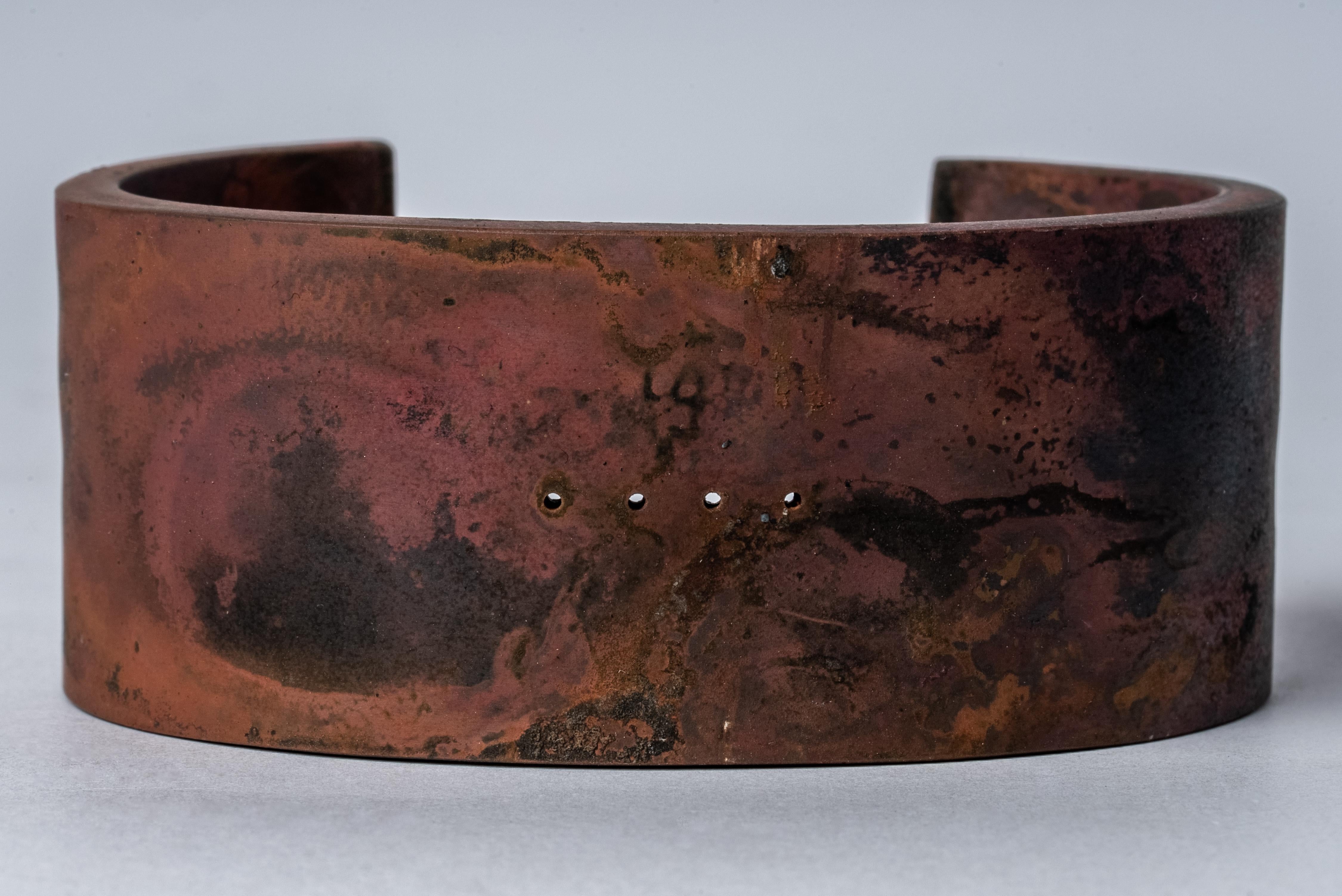 Bracelet in dirty brass. This piece is 100% hand fabricated from metal plate; cut into sections and soldered together to make the hollow three dimensional form. If sterling silver, the sheet metal is made by hand. The silver is melted and rolled out