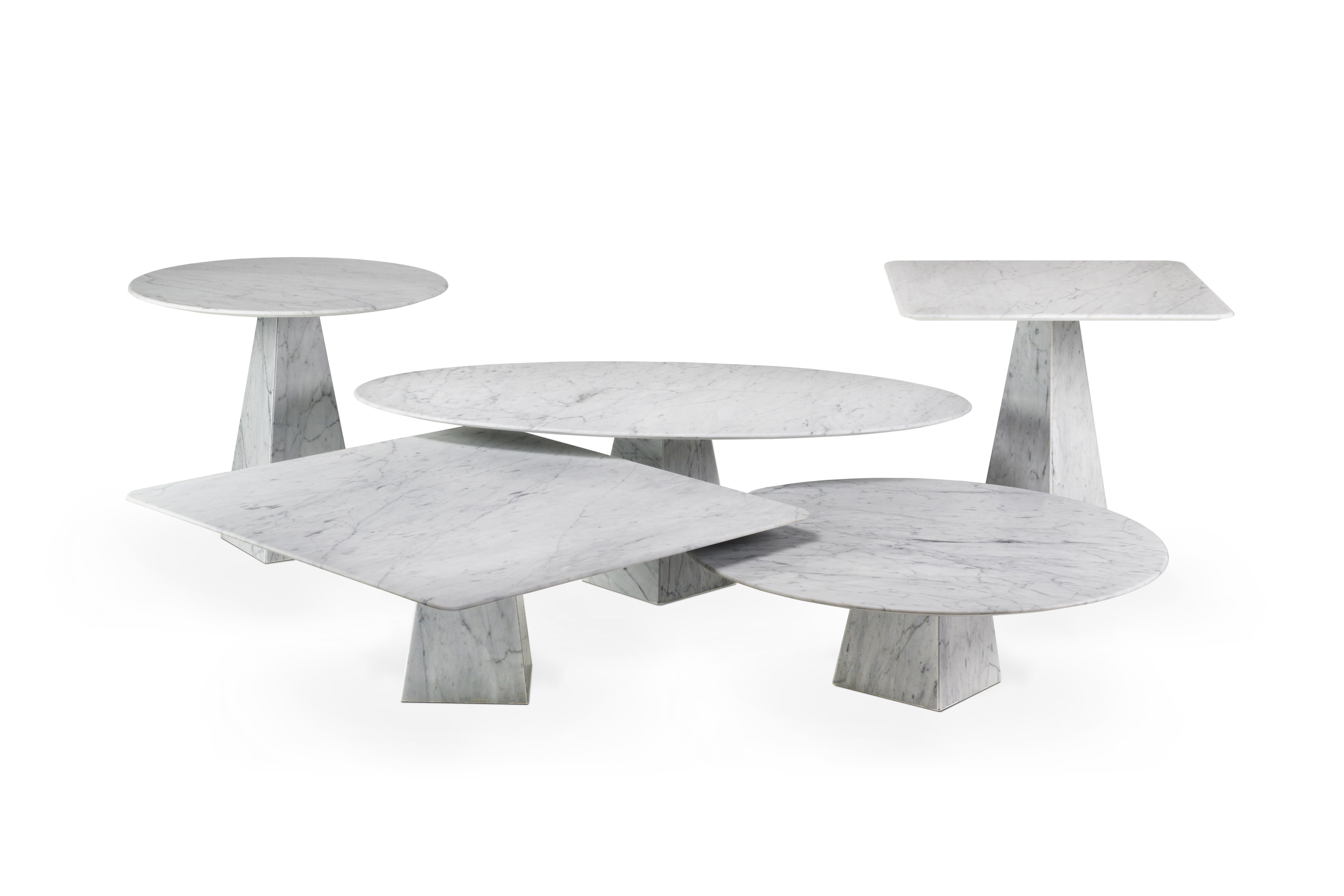 Inspired by the feeling of weightlessness and its connection to the space, crafted entirely in laminated stone.
This advanced technique allows us to get an ultra-thin and high resistant marble table top. The tables are light, simple, easy and