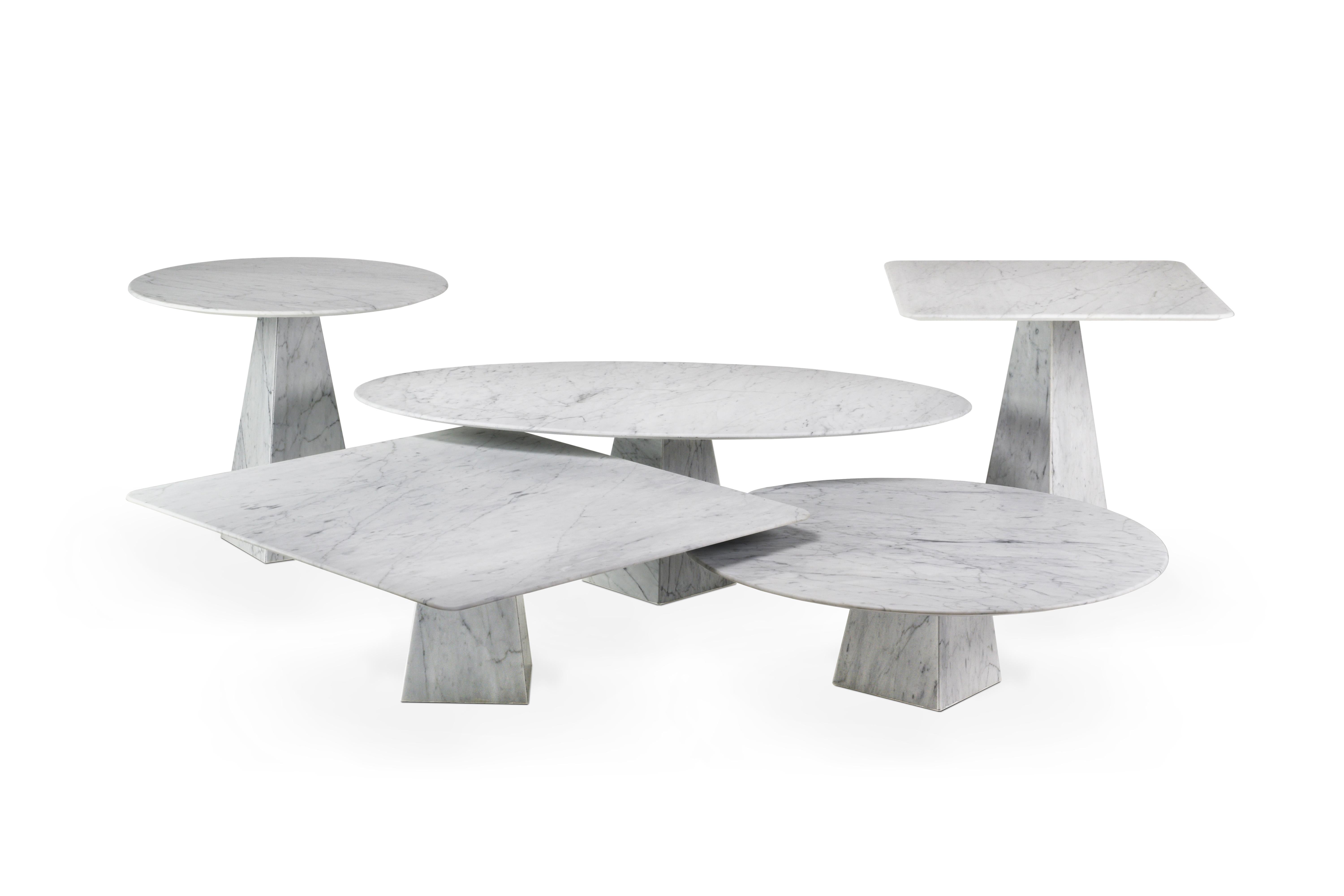 Inspired by the feeling of weightlessness and its connection to the space, crafted entirely in laminated stone.
This advanced technique allows us to get an ultra-thin and high resistant marble tabletop. The tables are light, simple, easy and