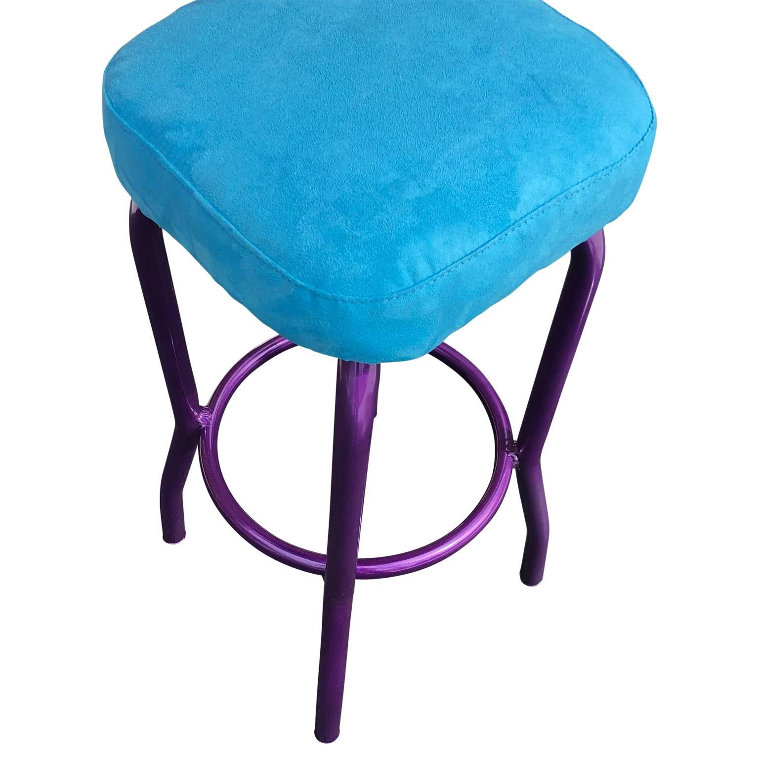 Mid-Century Modern Powder Coated Ultra Violet Bar Stool with Blue Faux Suede Seat For Sale