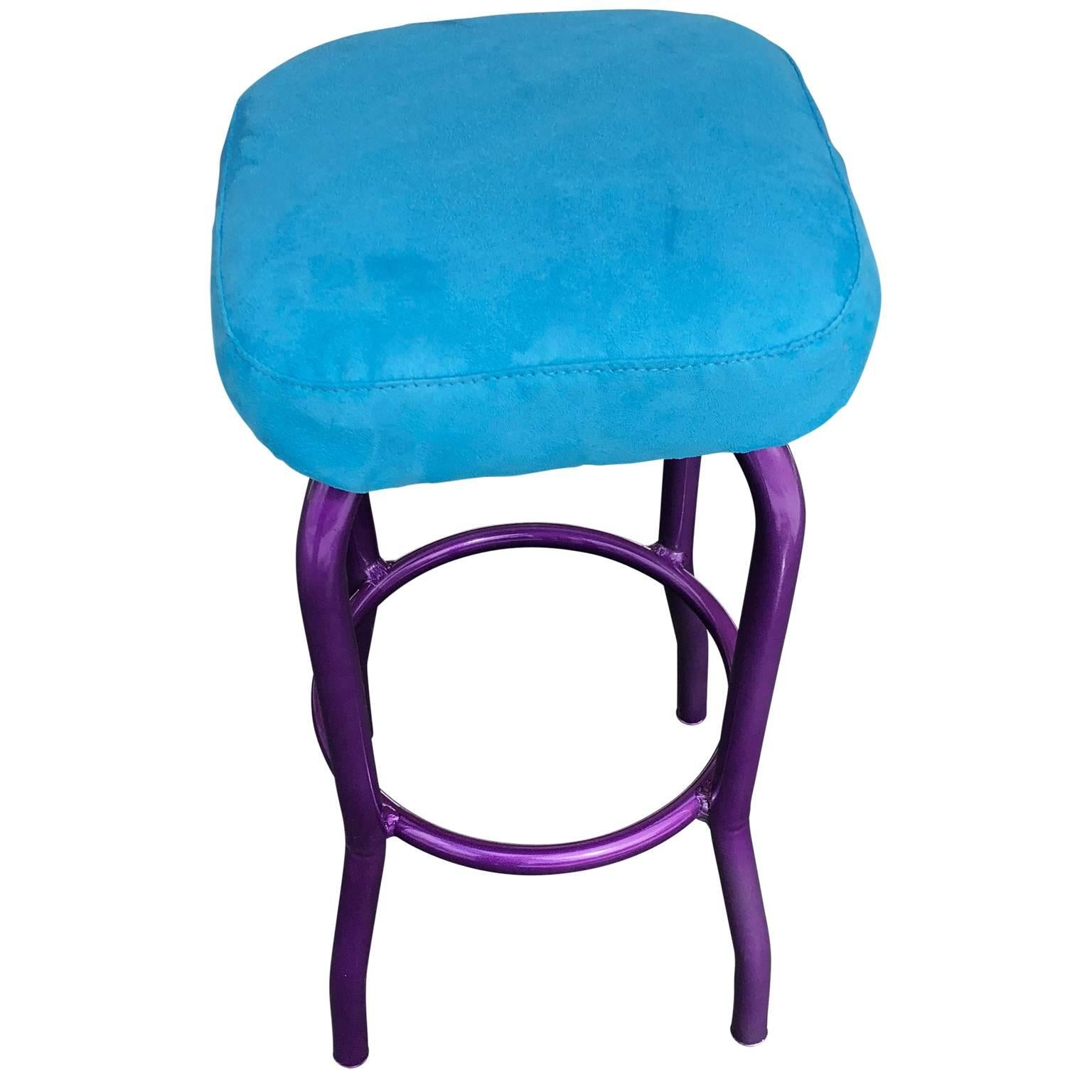 American Powder Coated Ultra Violet Bar Stool with Blue Faux Suede Seat For Sale