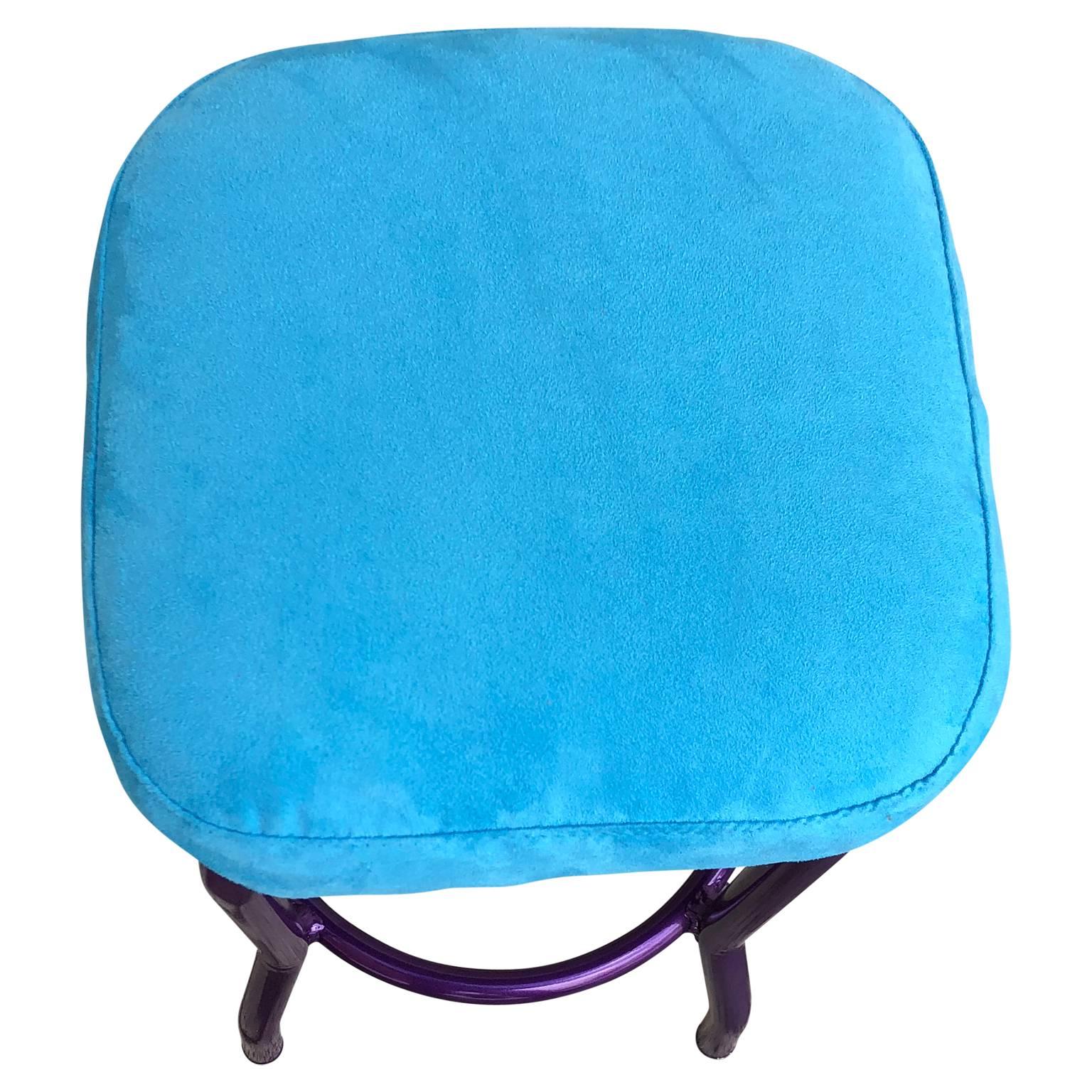 Powder-Coated Powder Coated Ultra Violet Bar Stool with Blue Faux Suede Seat For Sale