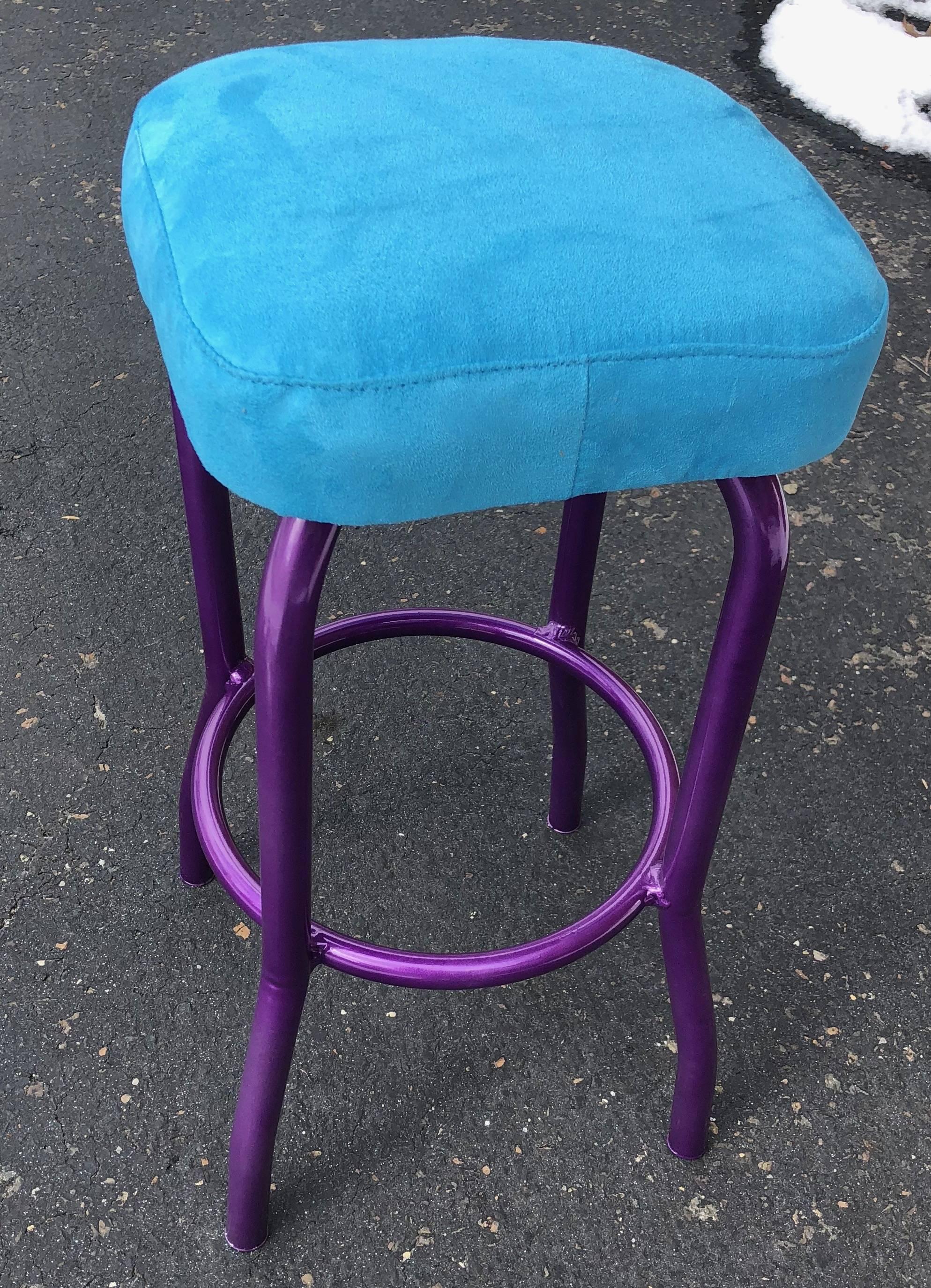 20th Century Powder Coated Ultra Violet Bar Stool with Blue Faux Suede Seat For Sale