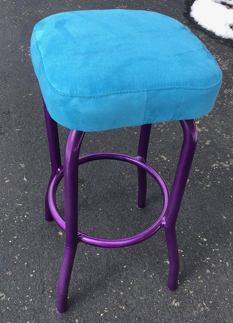 Ultra Violet Painted Bar Stool with Newly Upholstered Blue Faux Suede
