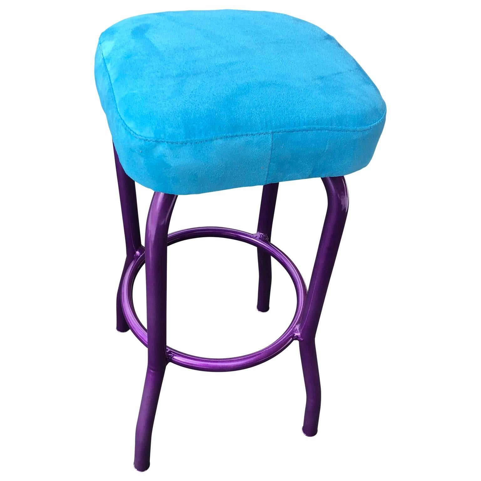 Powder Coated Ultra Violet Bar Stool with Blue Faux Suede Seat