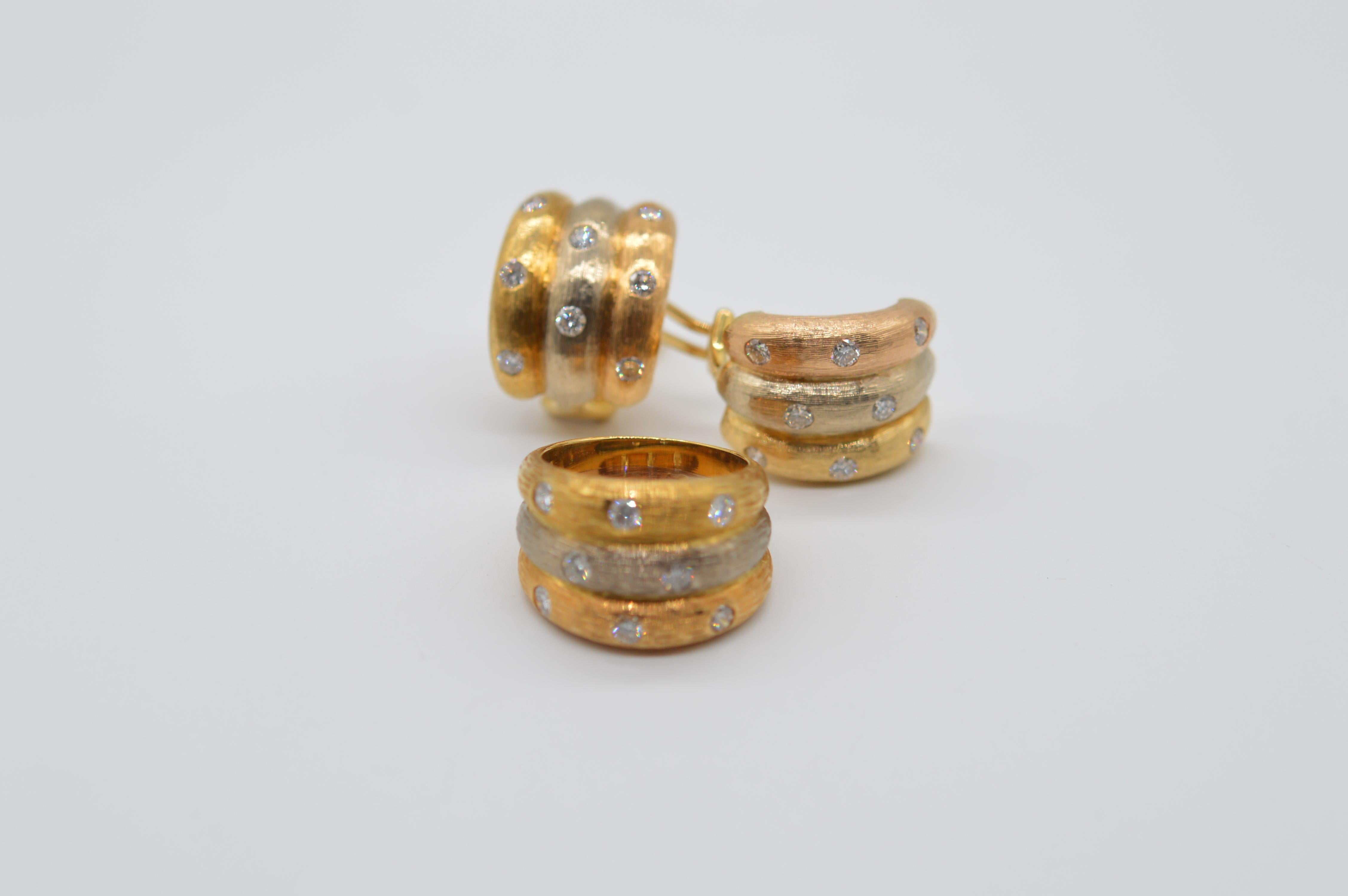 Diamonds earrings & ring set in 18K Rose, White & Yellow Gold  Unworn For Sale 9