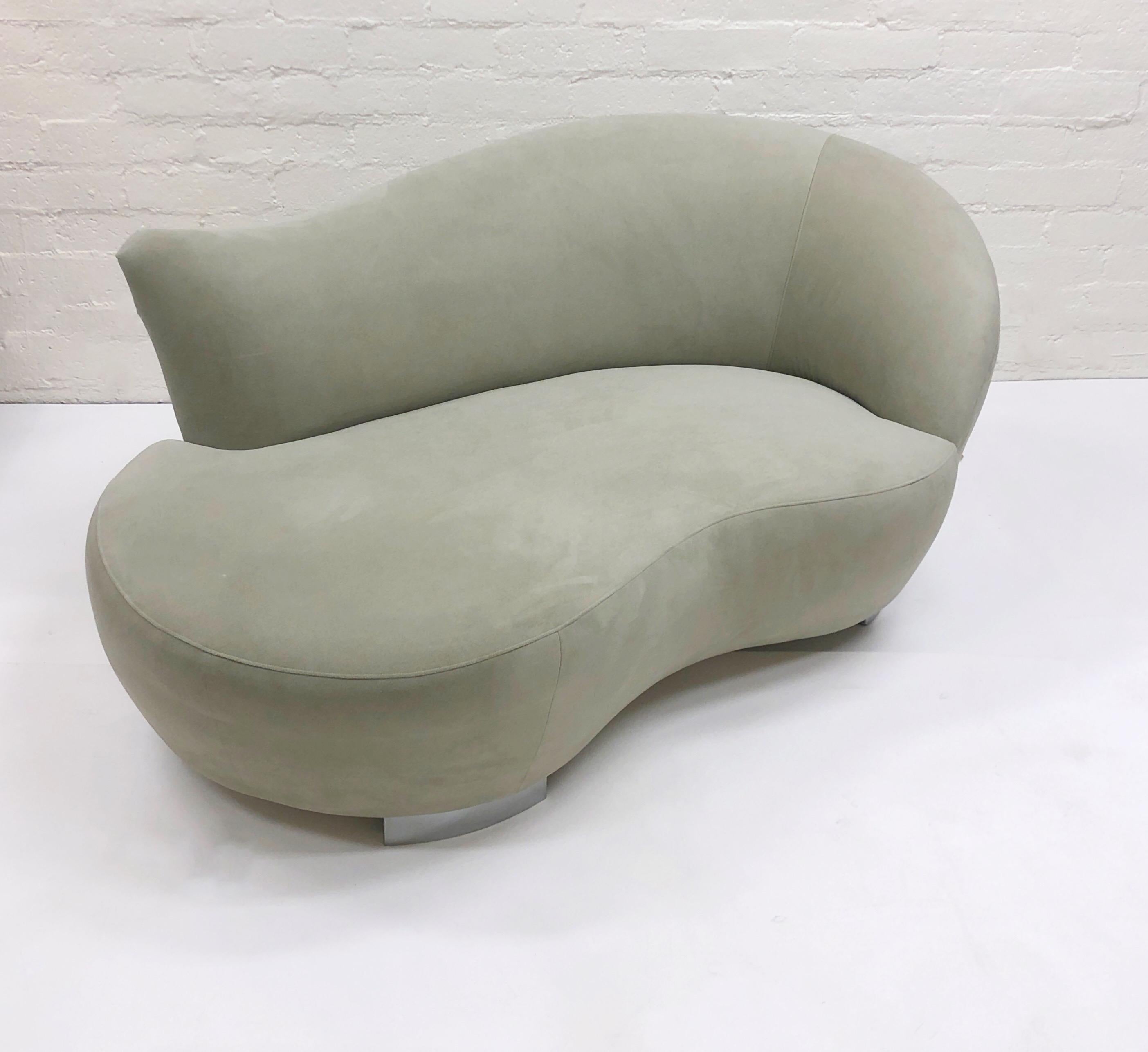 Ultrasuede and chrome Petite Cloud chaise lounge sofa by Weiman. 
In original condition, shows minor wear consistent with age. 
Measurements: 64” wide, 36” deep, 30.5” high, 15.5” seat.