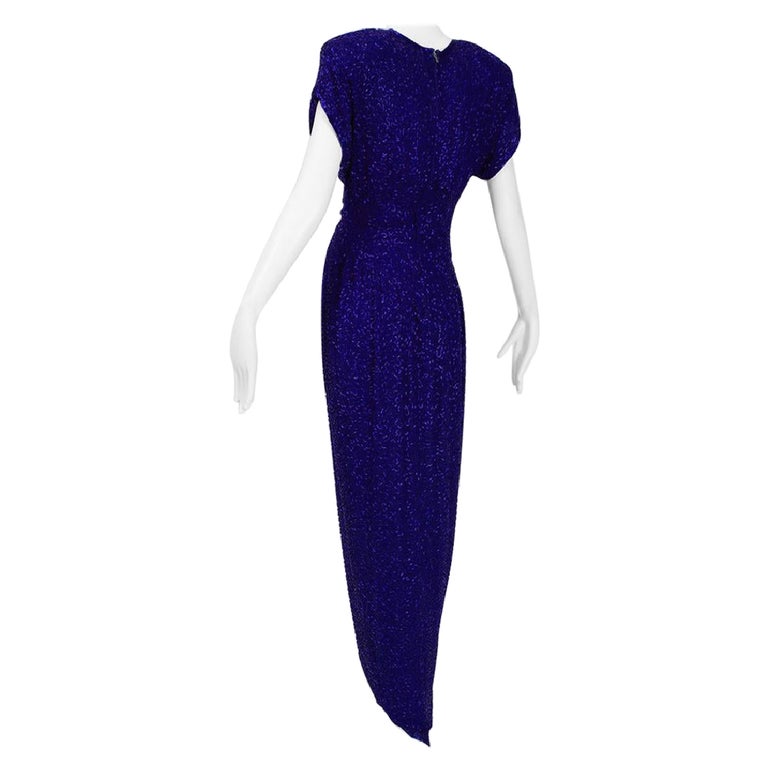 Ultraviolet Beaded Art Deco Hobble Gown W Pointed Waterfall Skirt - S, 1980s Ultraviolet Beaded Art Deco Hobble Gown W Pointed Waterfall Skirt - S, 1980s