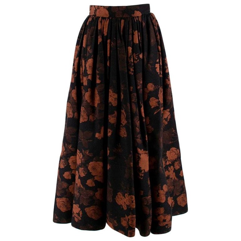 Ulyana Sergeenko Black Floral Wool A-Line Skirt - Size US 4 at 1stDibs
