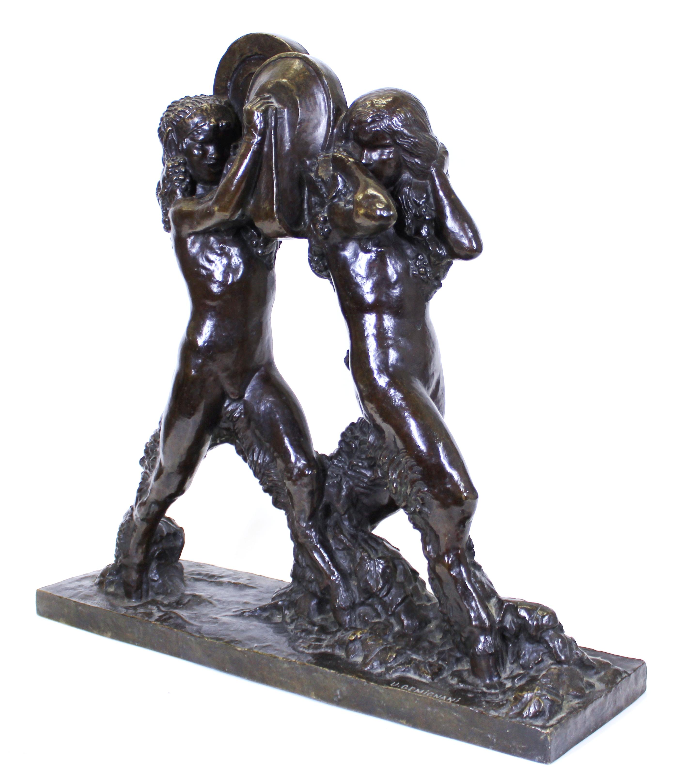 Milieu du XXe siècle Ulysse Gémignani 'Satyres aux cymbales' Sculpture en bronze Art Déco
