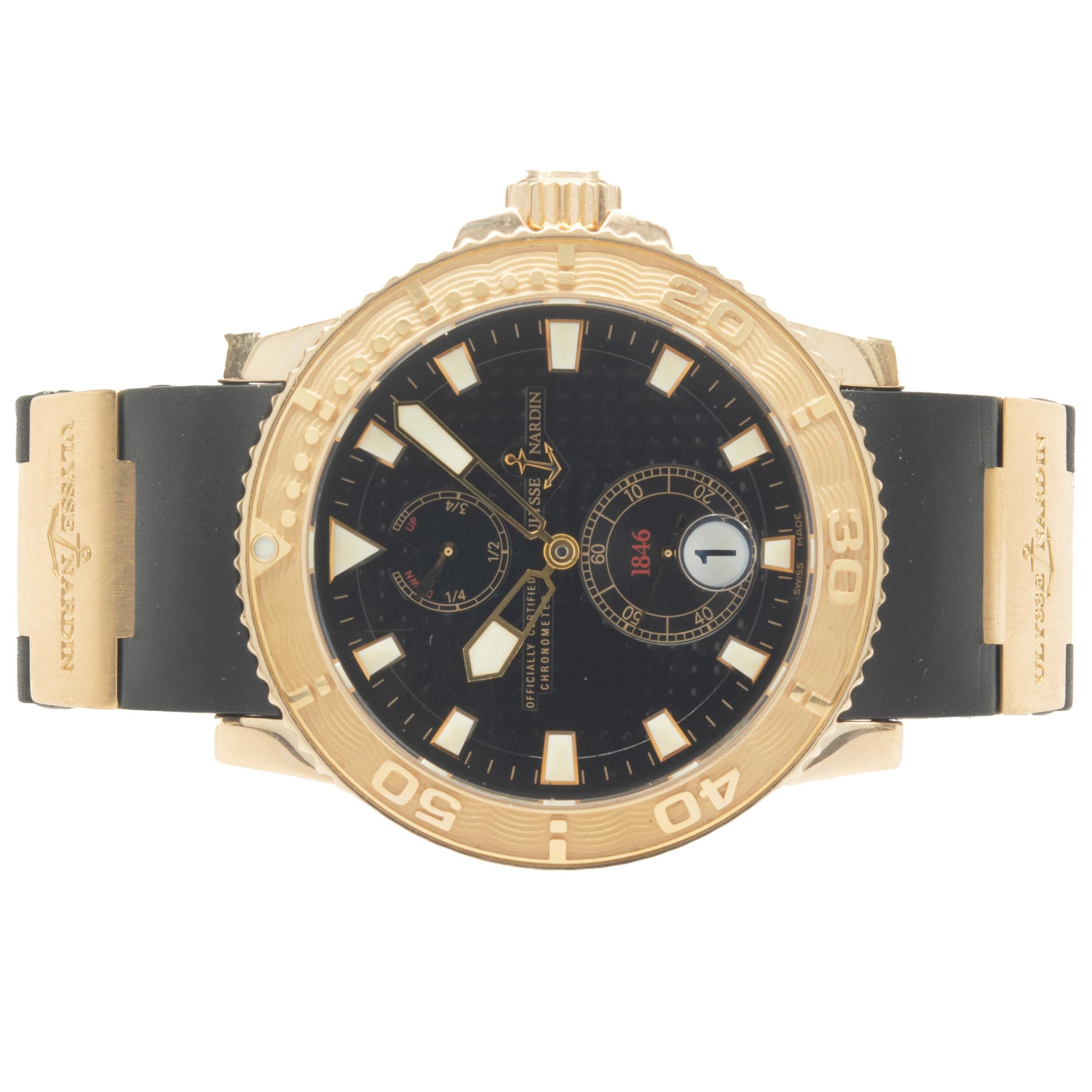 Movement: automatic
Function: hours, minutes, seconds, date, uni-directional rotating bezel
Case: 42.7mm 18K rose case, sapphire crystal, screw down crown
Band: black rubber strap, deployment clasp
Dial: black stick
Serial#: XXX
Reference#: