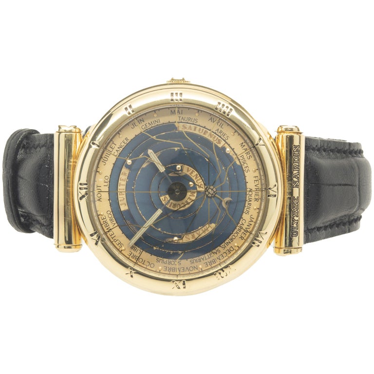 Movement: automatic
Function: Hours, minutes, Perpetual calendar indicating the months, Reading of the astronomical positions of the planets in relation to the Sun and the Earth, Zodiac signs
Case: 40mm 18K yellow case, sapphire crystal, screw down