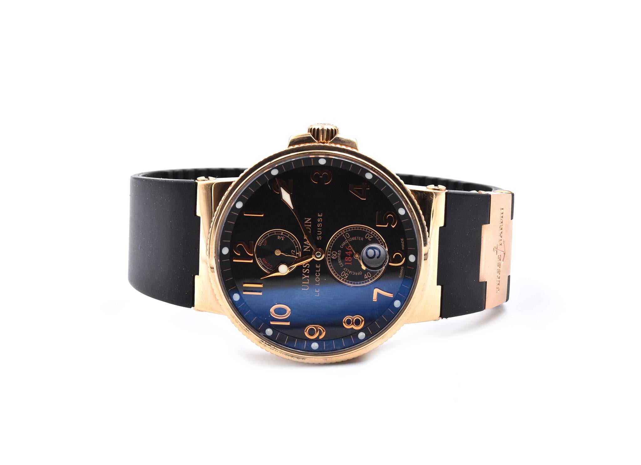 Movement: automatic
Function: hours, minutes, small seconds, date power reserve indicator
Case: 43mm 18k rose gold round case, sapphire crystal, pull/push crown
Band: black rubber strap with rose gold buckle
Dial: black dial with rose gold Arabic