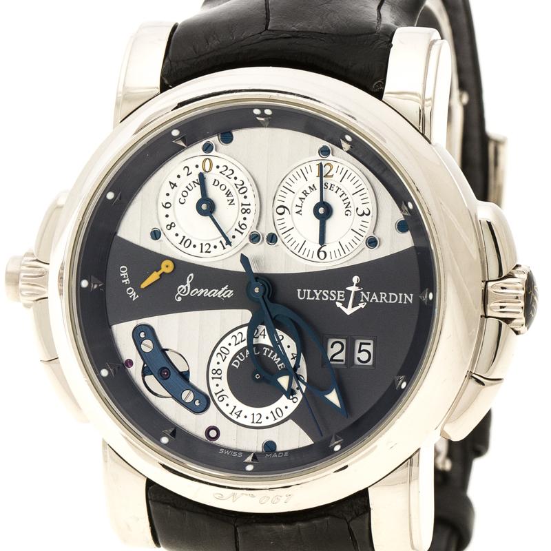Flaunt your luxurious personality with the Ulysse Nardin Grey 18K White Gold Sonata Cathedral GMT UN067 Men's Wristwatch. The white gold body features leather belts and a see through back Keeping perfect time with quart movements, the watch also