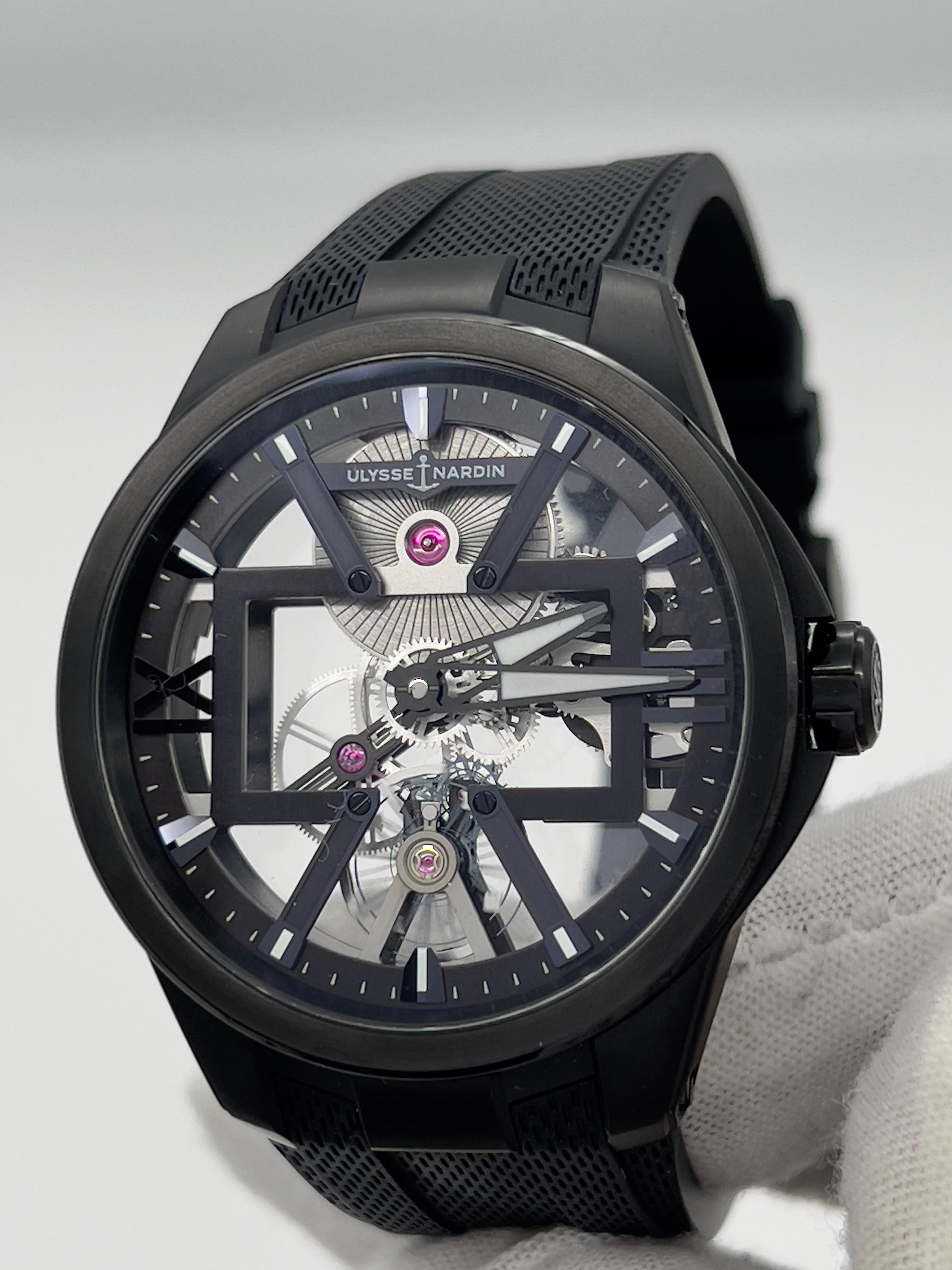 Style Number: 3713-260-3 
Model: Ulysse Nardin Blast Skeleton
Case Material: Titanium 
Band: Black Rubber
Bezel: Titanium 
Dial: Skeleton 
Face: Sapphire Crystal 
Case Size: 42mm  
Includes: 
-Elegant Watch Box
-Certified Appraisal 
-1 Year Warranty