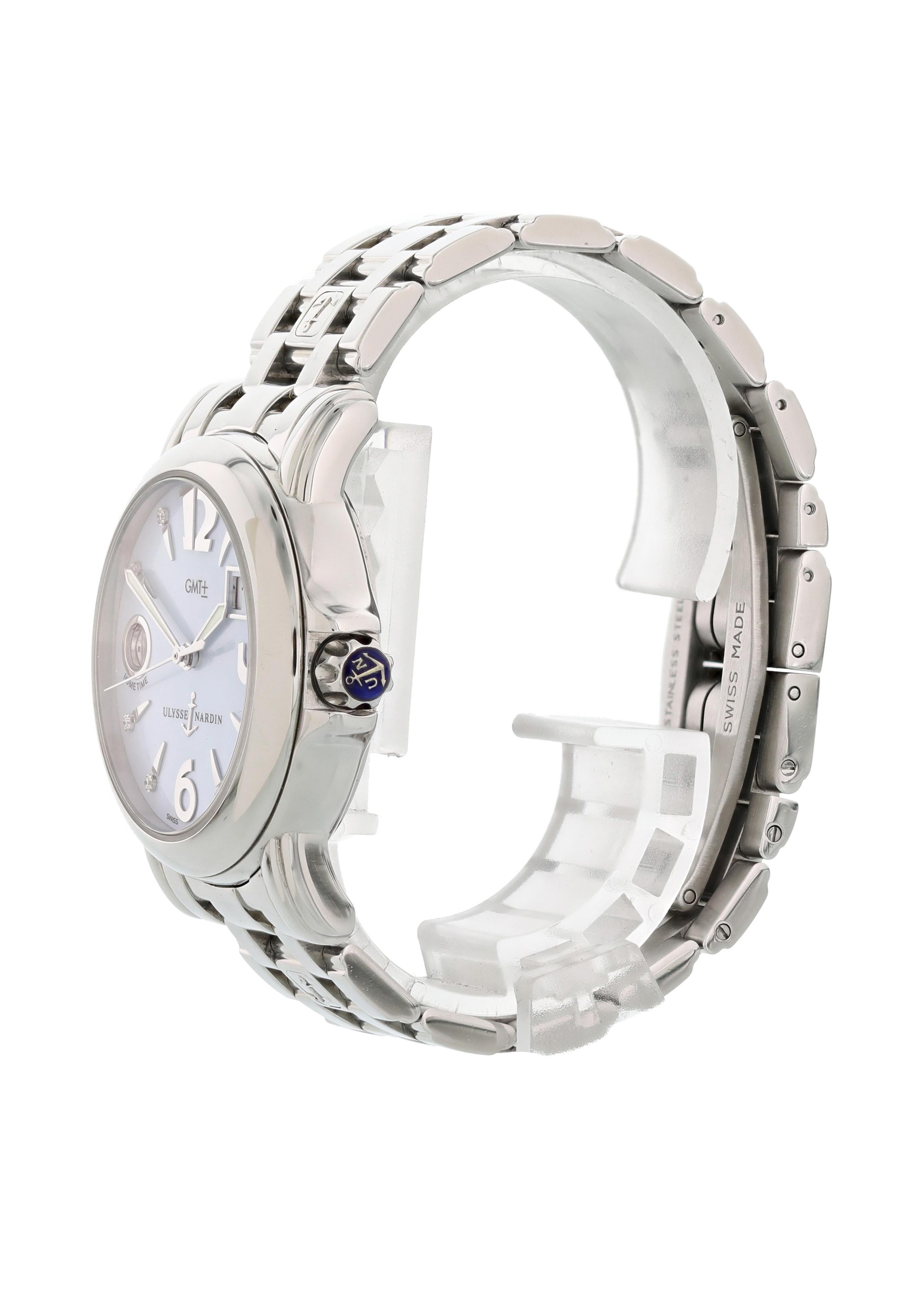 Ulysse Nardin Big Date GMT 223-22 Mother of Pearl Ladies Watch. 37mm stainless steel case with smooth bezel. Blue mother of pearl dial with luminous steel hands steel index hour markers with factory placed diamonds. Arabic numeral hour markers at