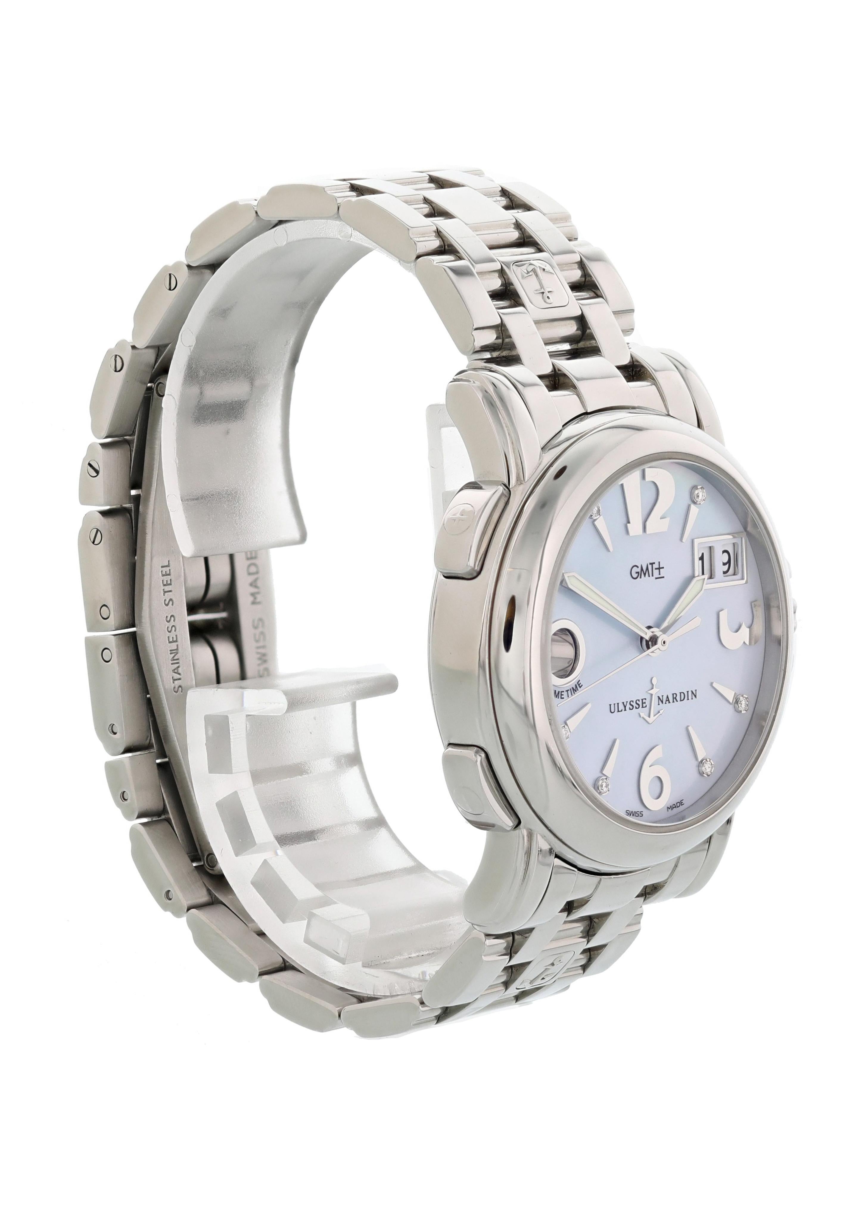 Ulysse Nardin Big Date GMT 223-22 Mother of Pearl Ladies Watch In Excellent Condition For Sale In New York, NY