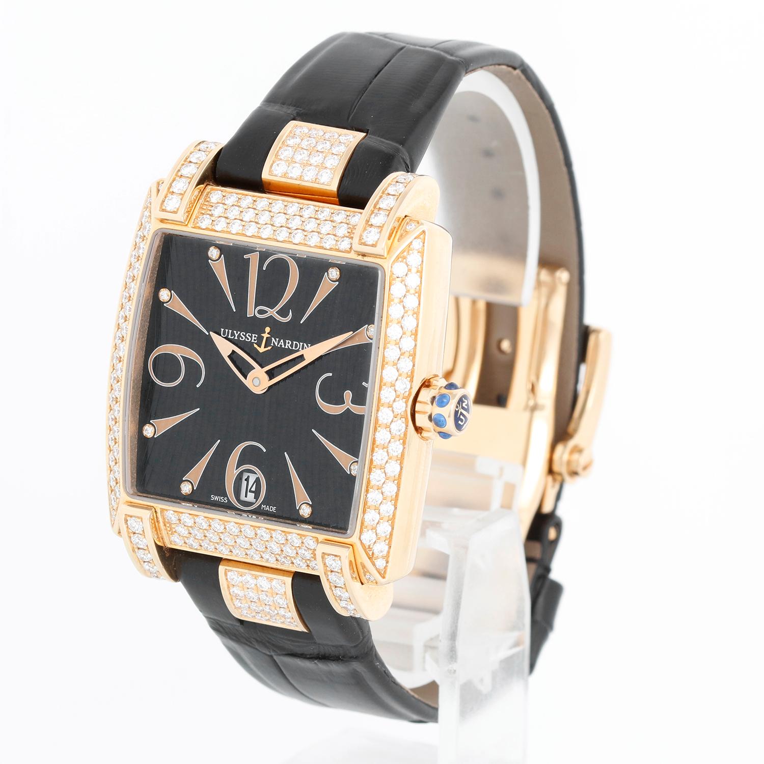 Ulysse Nardin Caprice 18K Rose Gold Mens Watch 136-91 - Automatic winding. 18K Rose gold with pave diamond set case & lugs  ( 34 mm x 35 mm ). Black textured dial. New Ulysse Nardin black leather band with 18K rose gold deployant clasp. Pre-owned