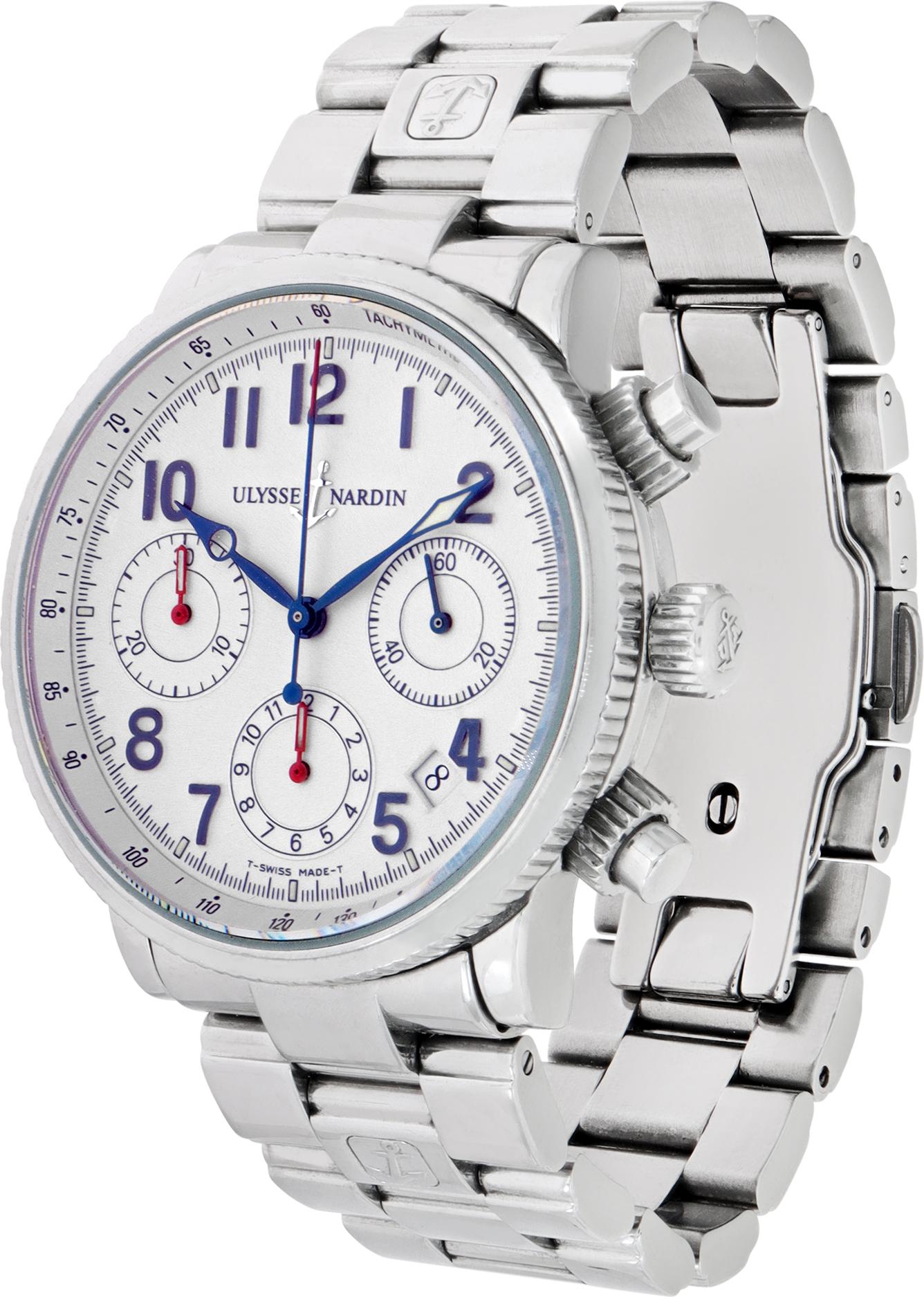 Ulysse Nardin Marine Chronograph in stainless steel. Auto w/ subseconds, date and chronograph. 37 mm case size. Ref 353-22. Circa 2000. Fine Pre-owned Ulysse Nardin Watch.

 Certified preowned Sport Ulysse Nardin Classic 353-22 watch is made out of