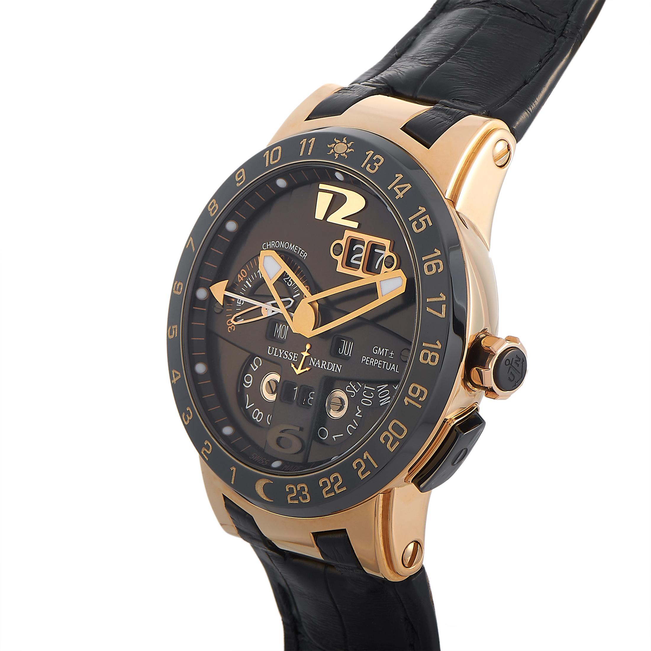 This is the Ulysse Nardin El Toro GMT 43 mm, reference number 326-03.

The watch boasts a 43 mm 18K rose gold case fitted with a black ceramic bezel. The case features see-through back and is water-resistant to 100 meters. This model is equipped