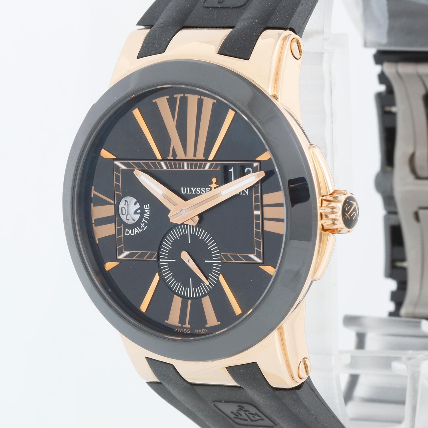 Ulysse Nardin Executive Dual Time 18k Rose Gold Watch 246-00 3/42 - Automatic winding, dual time, with date. 18K Rose Gold with exposition back (43mm diameter). Black dial with large rose Roman numerals; subseconds at 6 o'clock New Ulysse Nardin
