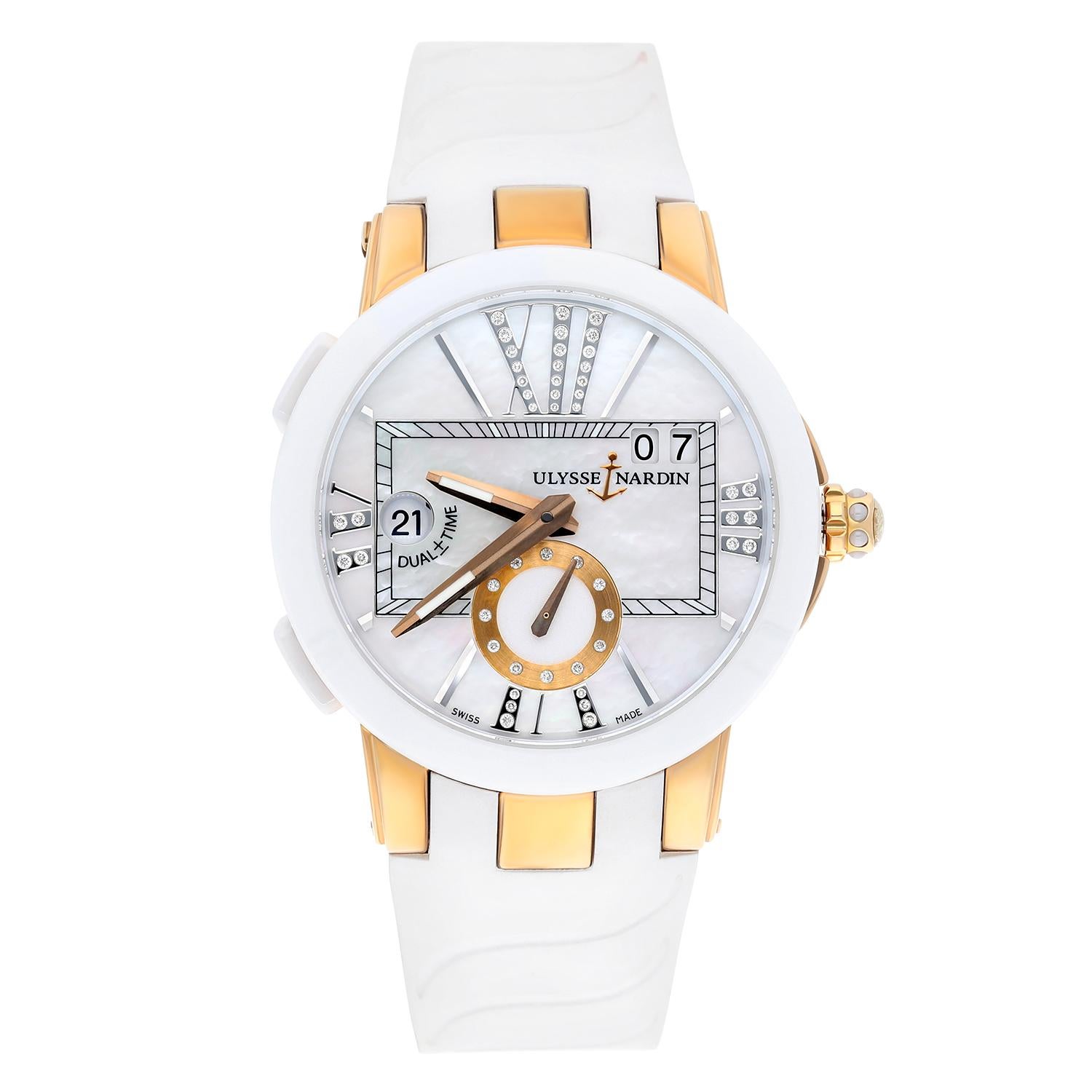 Ulysse Nardin Executive Dual Time 246-10-3/391 Ladies Watch with Diamond Markers and White Mother of Pearl Dial.

The watch has been professionally polished and serviced. It is in perfect overall condition. Sale comes with a jewelry box and an