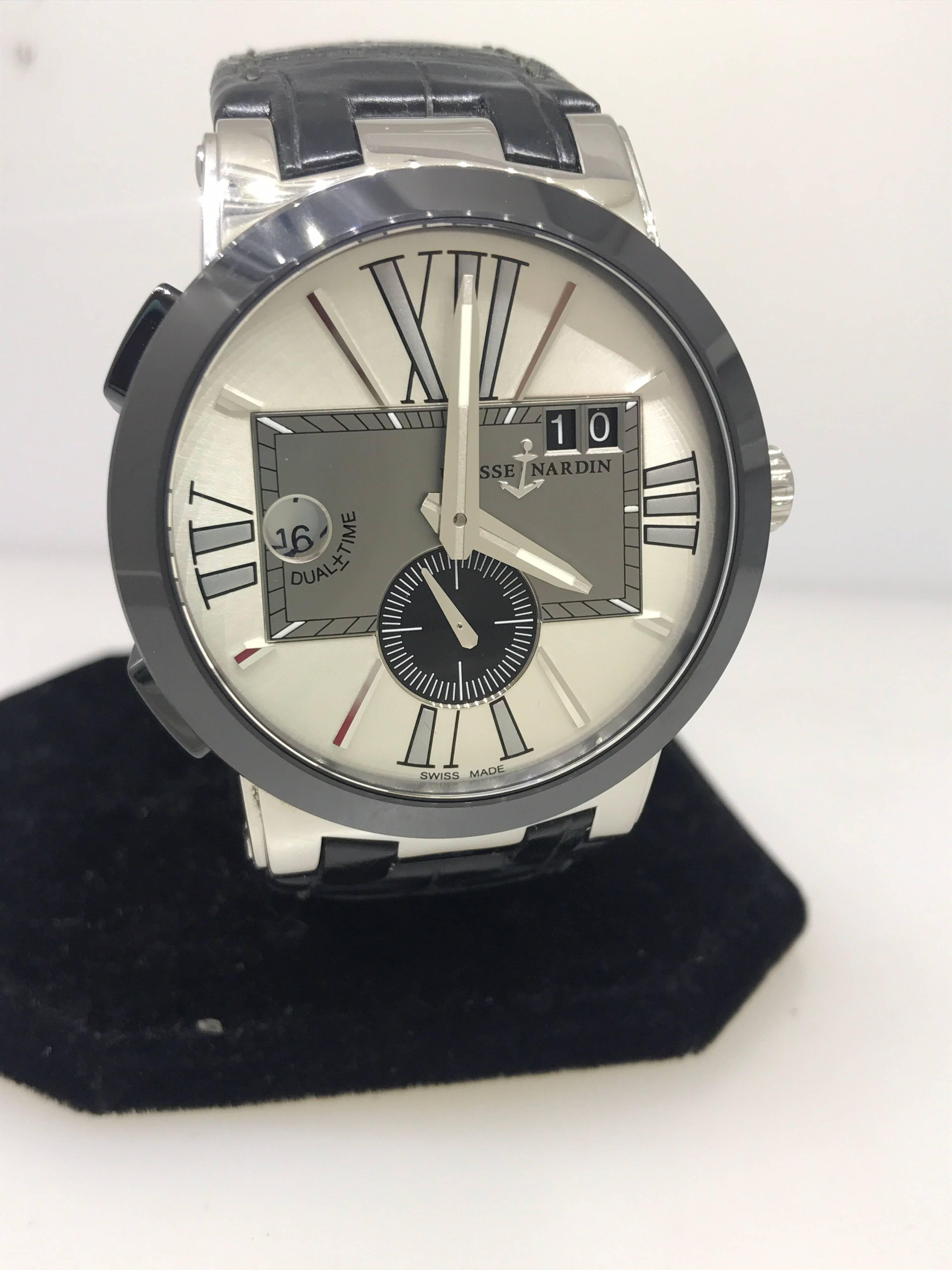 Ulysse Nardin Executive Dual Time Silver Dial Automatic Men's Watch 243-00/421 In New Condition For Sale In New York, NY