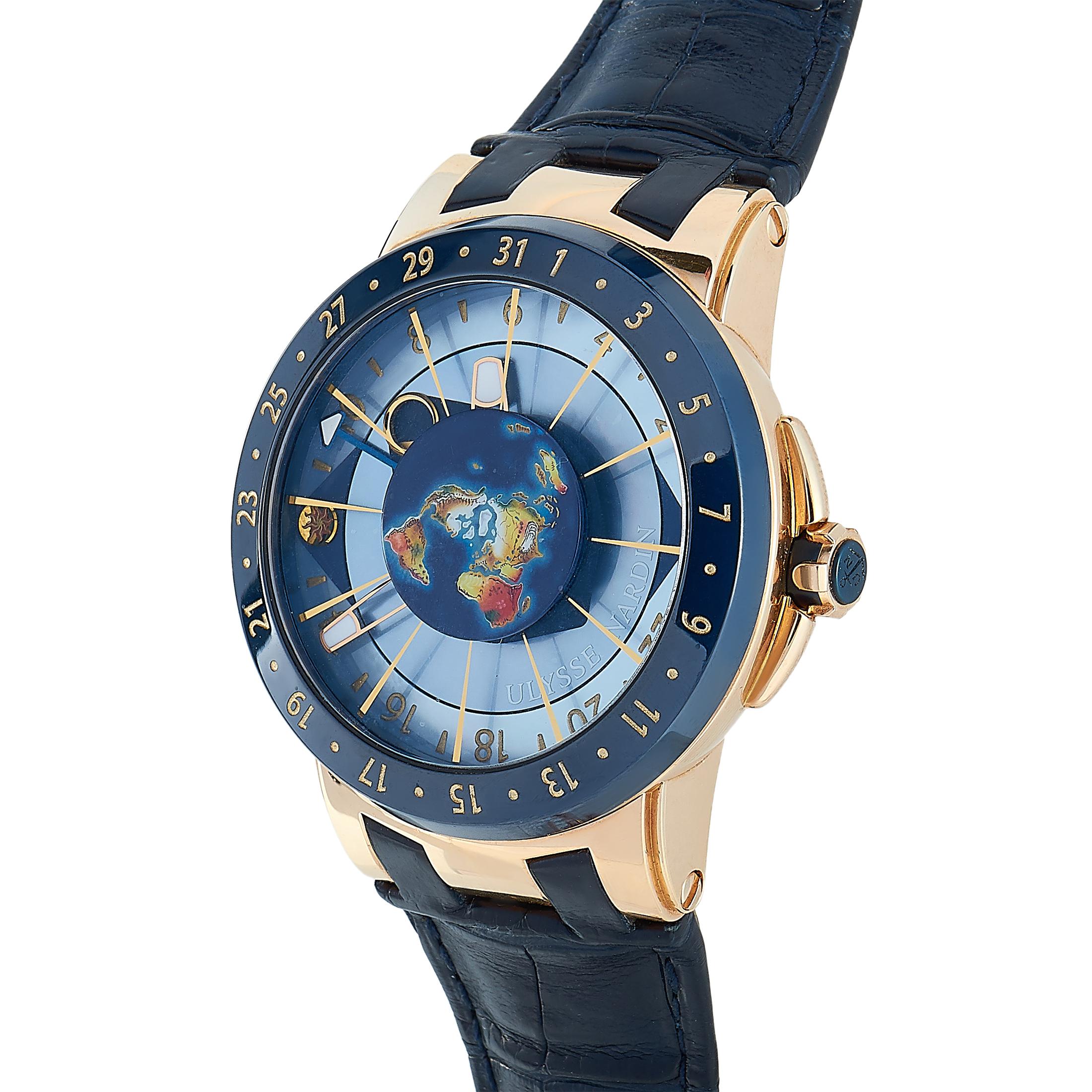 The Ulysse Nardin Executive Moonstruck 46 mm, reference number 1062-113, is presented within the prestigious “Executive” collection in an edition limited to only 500 pieces.

The watch boasts a 46 mm 18K rose gold case fitted with a blue ceramic