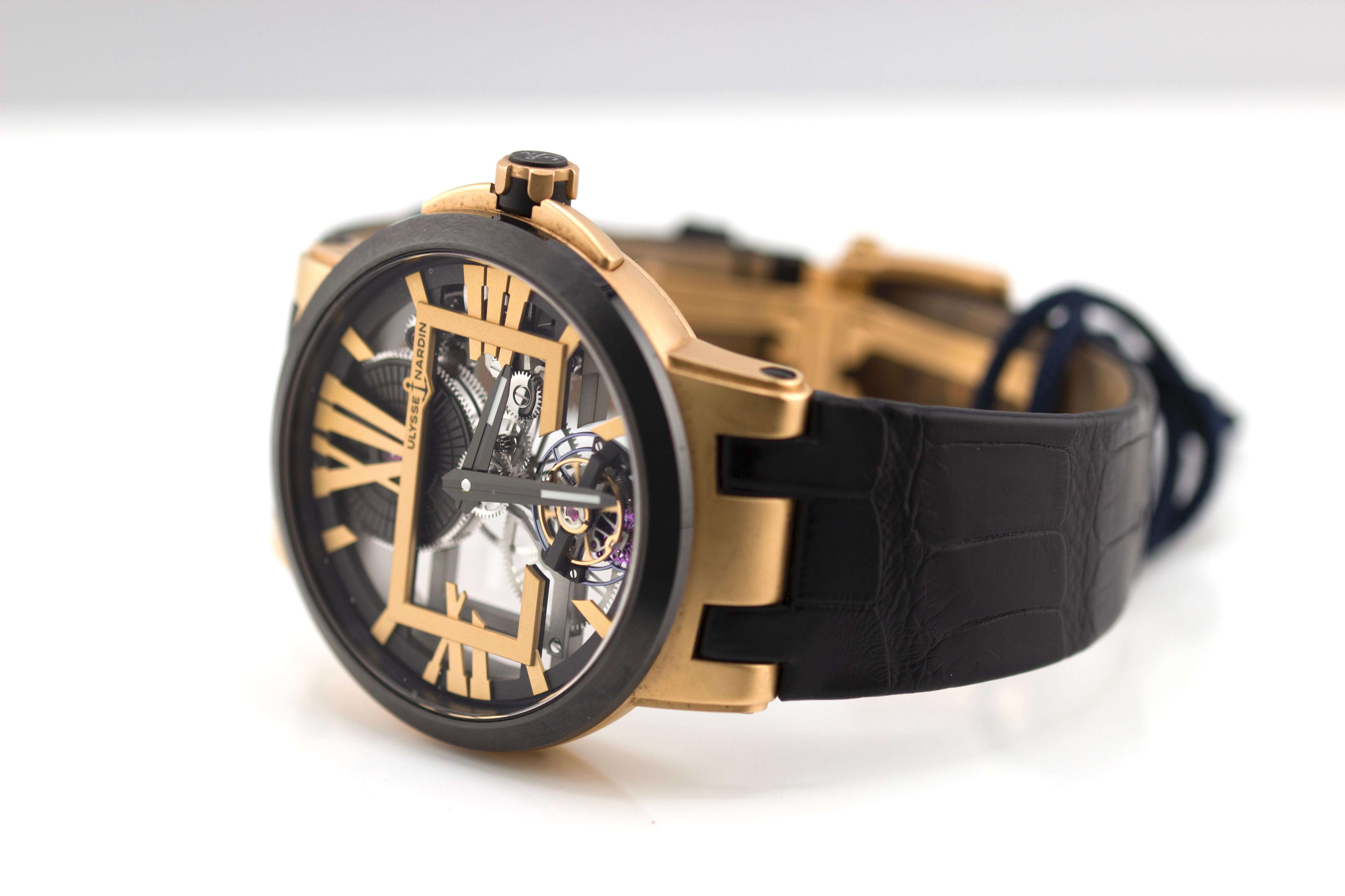 Ulysse Nardin Executive Skeleton Tourbillon Rose Gold 1712-139

Condition: Like New (Very Good)

Comes Complete with Original Box and Original Papers

Reference number: 1712-139

Movement: Manual Winding

Power Reserve: 170 h

Case Material: Rose