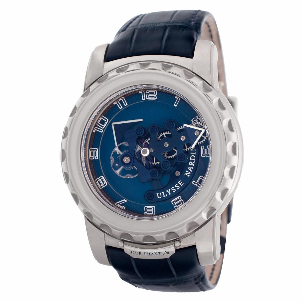 Like New! Ulysse Nardin Freak Blue Phantom in 18k white gold on a dark blue alligator strap. Blue bridge, Superluminova tipped hour and minute hands and white gold arabic numerals. Inside the case is set the mechanism with manual winding UN- 202, a
