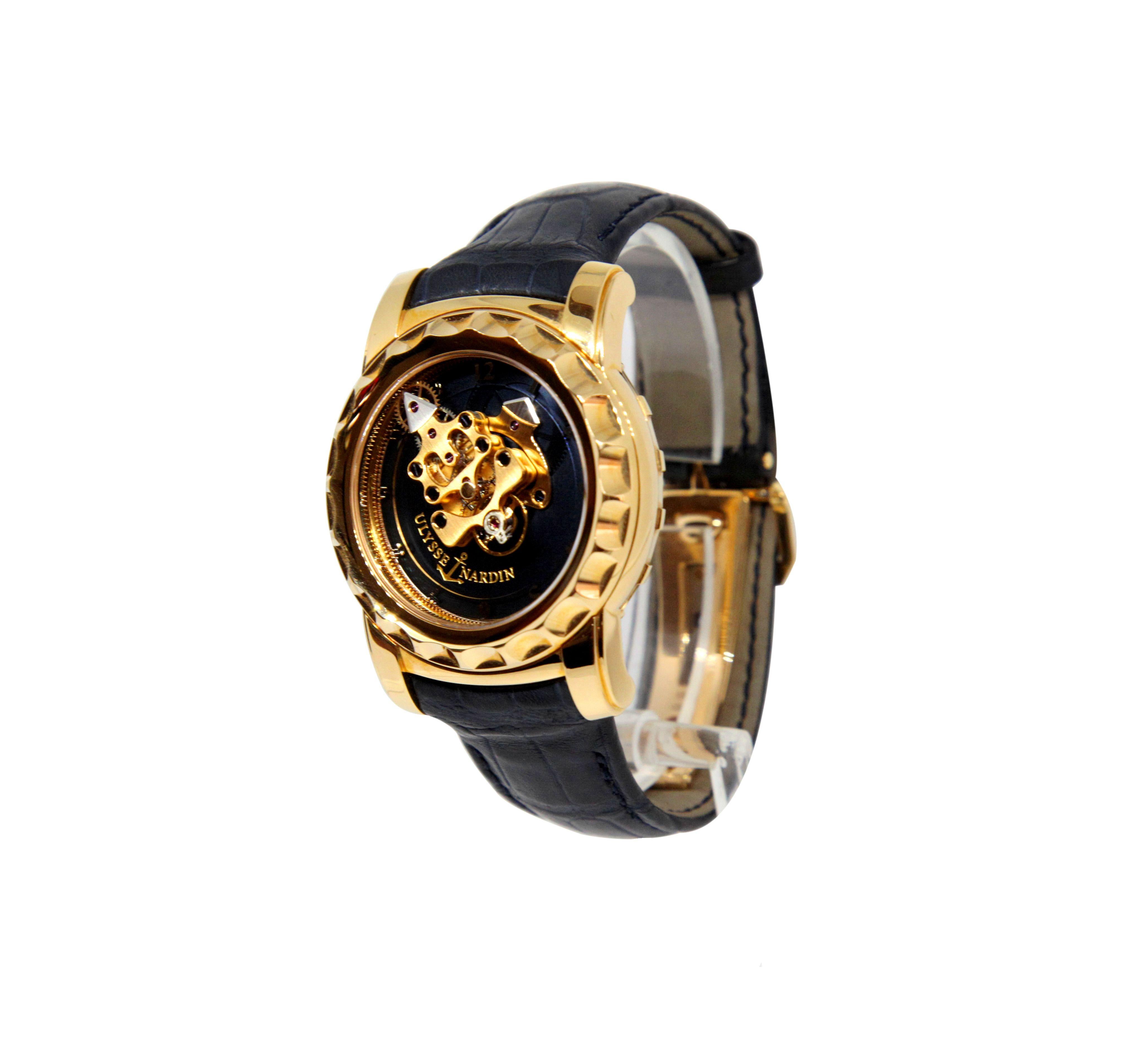 Unique chance to own a truyl rare Ulysse Nardin Pink Gold Freak Tourbillon watch in as-new condition and under full factory warranty!


A PINK GOLD CARROUSEL TOURBILLON WRISTWATCH WITH DUAL DIRECT ESCAPEMENT AND 7 DAY POWER RESERVE INDICATION

Dial: