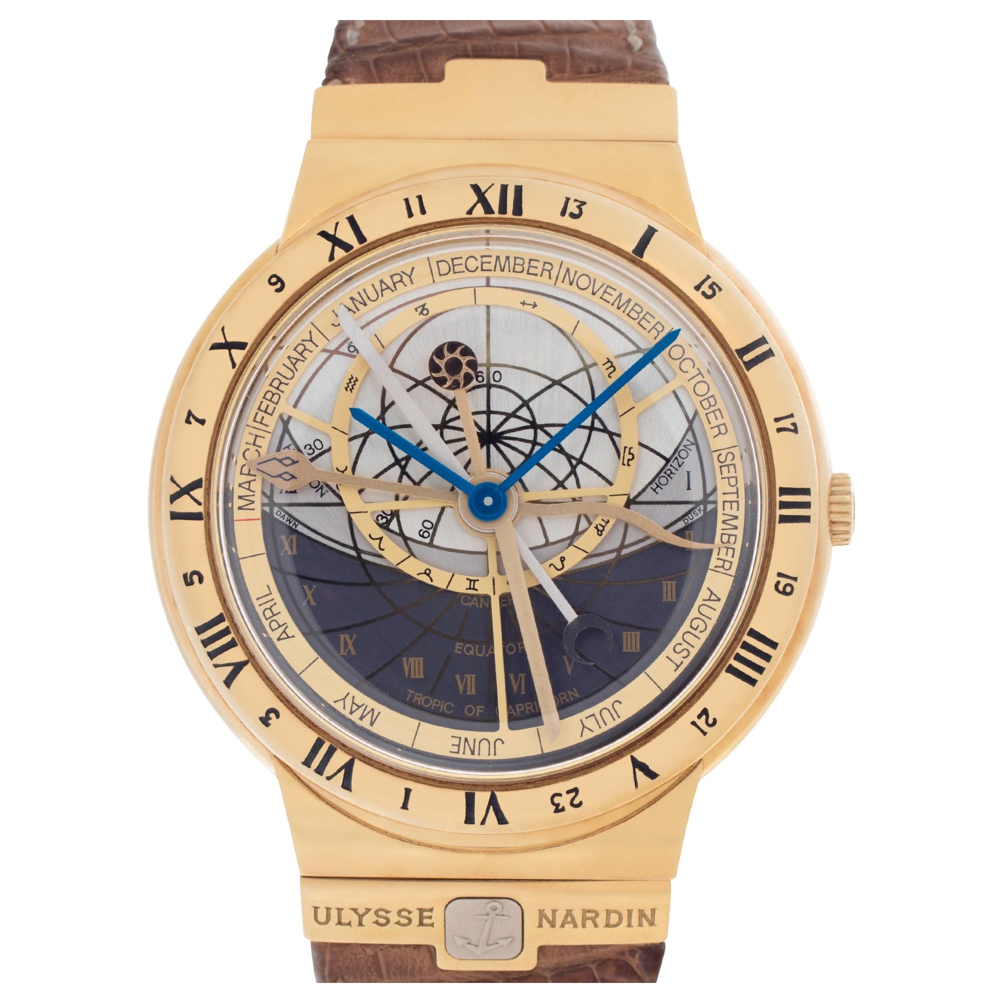 YOUR PRICE: $26,768


Ulysse Nardin Astrolabium Galileo Galilei in 18k on leather strap with 18k UN tang buckle. Complications including time of day, moon phases, moon rise and set, sunrise and sunset, dawn, dusk, signs of the Zodiac, perpetual