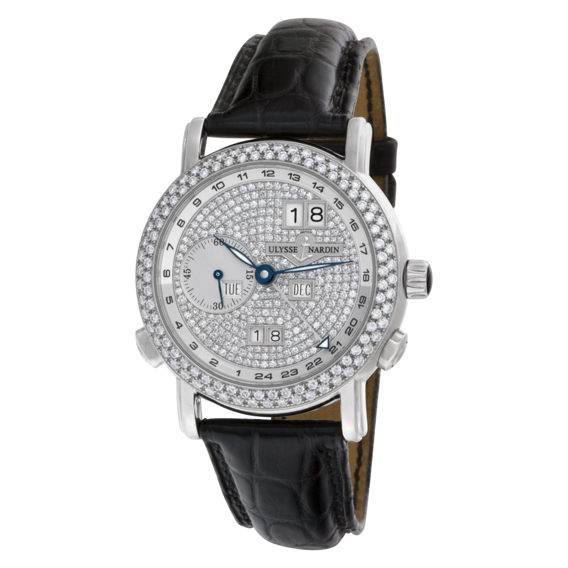 Outstanding Ulysse Nardin GMT Perpetual Ref # 320-22 in 18k white gold with factory original diamond bezel and dial on leather strap. Auto w/ subseconds, date, day, month, dual time and perpetual calendar. 39mm case size. Fine Pre-owned Ulysse