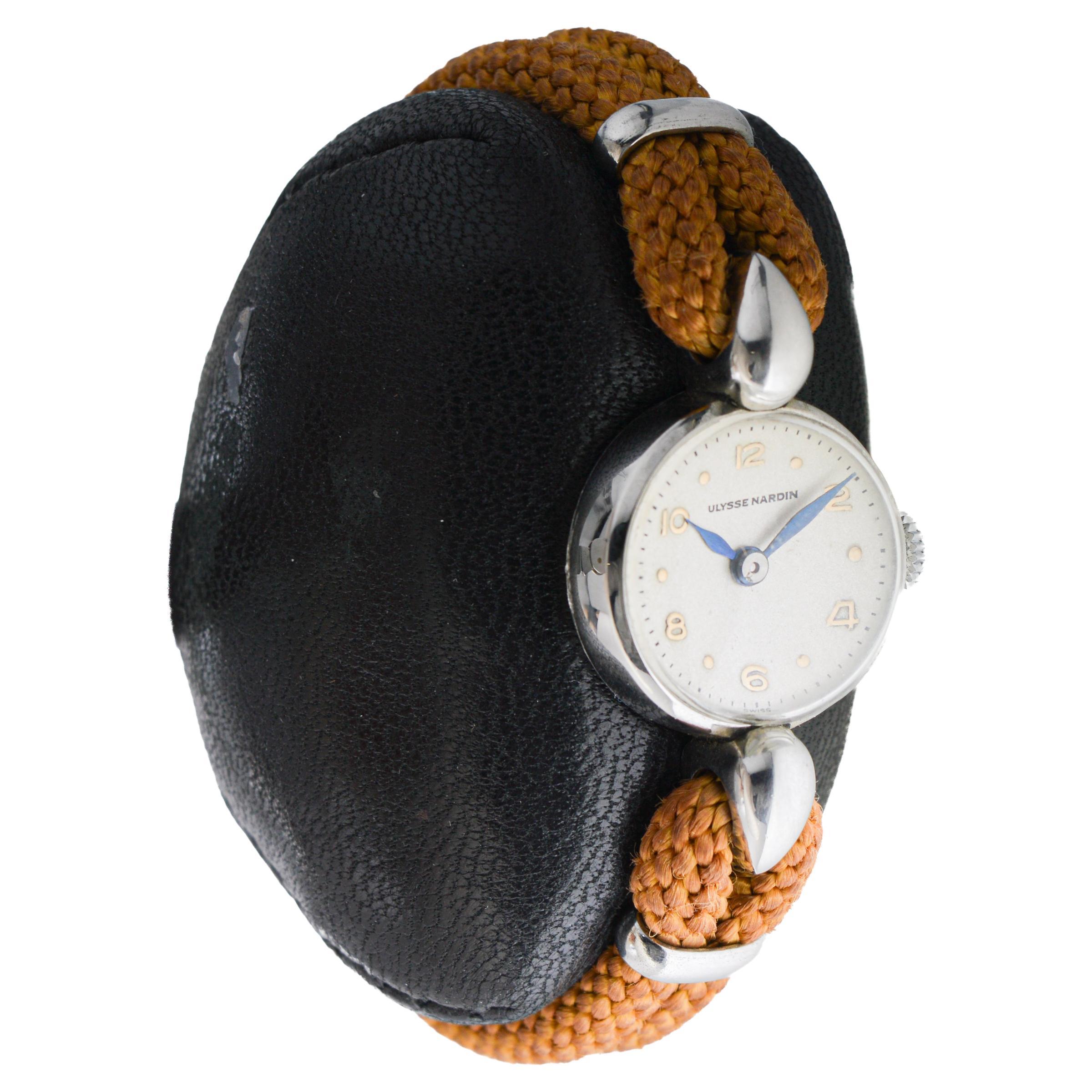 FACTORY / HOUSE: Ulysse Nardin
STYLE / REFERENCE: Art Deco / Cord Watch
METAL / MATERIAL: Stainless Steel 
CIRCA / YEAR: 1940's
DIMENSIONS / SIZE: Length 35mm X Diameter 20mm
MOVEMENT / CALIBER: Manual Winding / 17 Jewels 
DIAL / HANDS: Factory