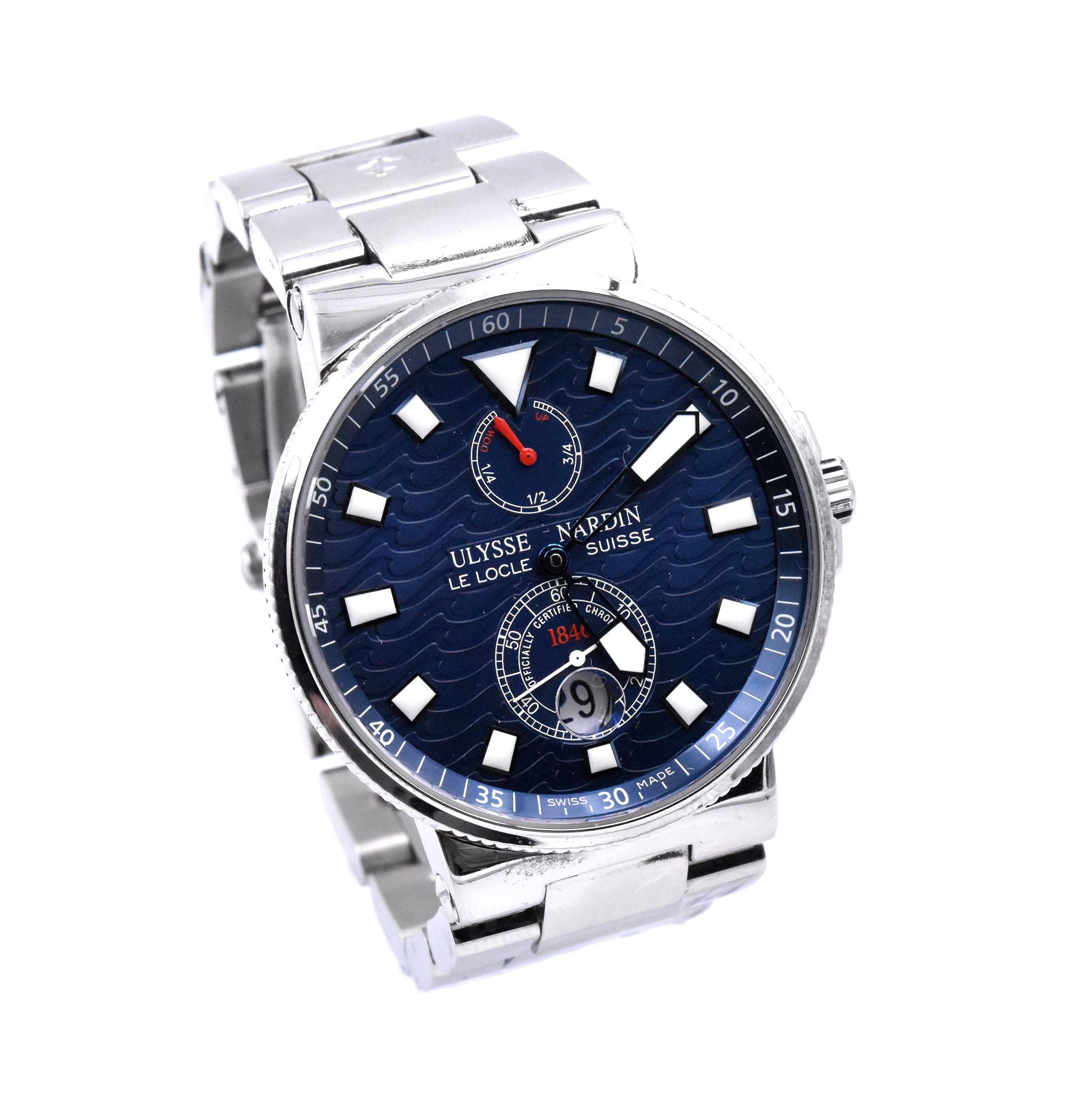 Movement: automatic
Function: hours, minutes, small seconds, date, water resistant to 100m
Case: 41mm stainless steel case, sapphire crystal, screw down crown
Band: stainless steel bracelet, will fit a 7” wrist 
Dial: blue wave dial, luminescent