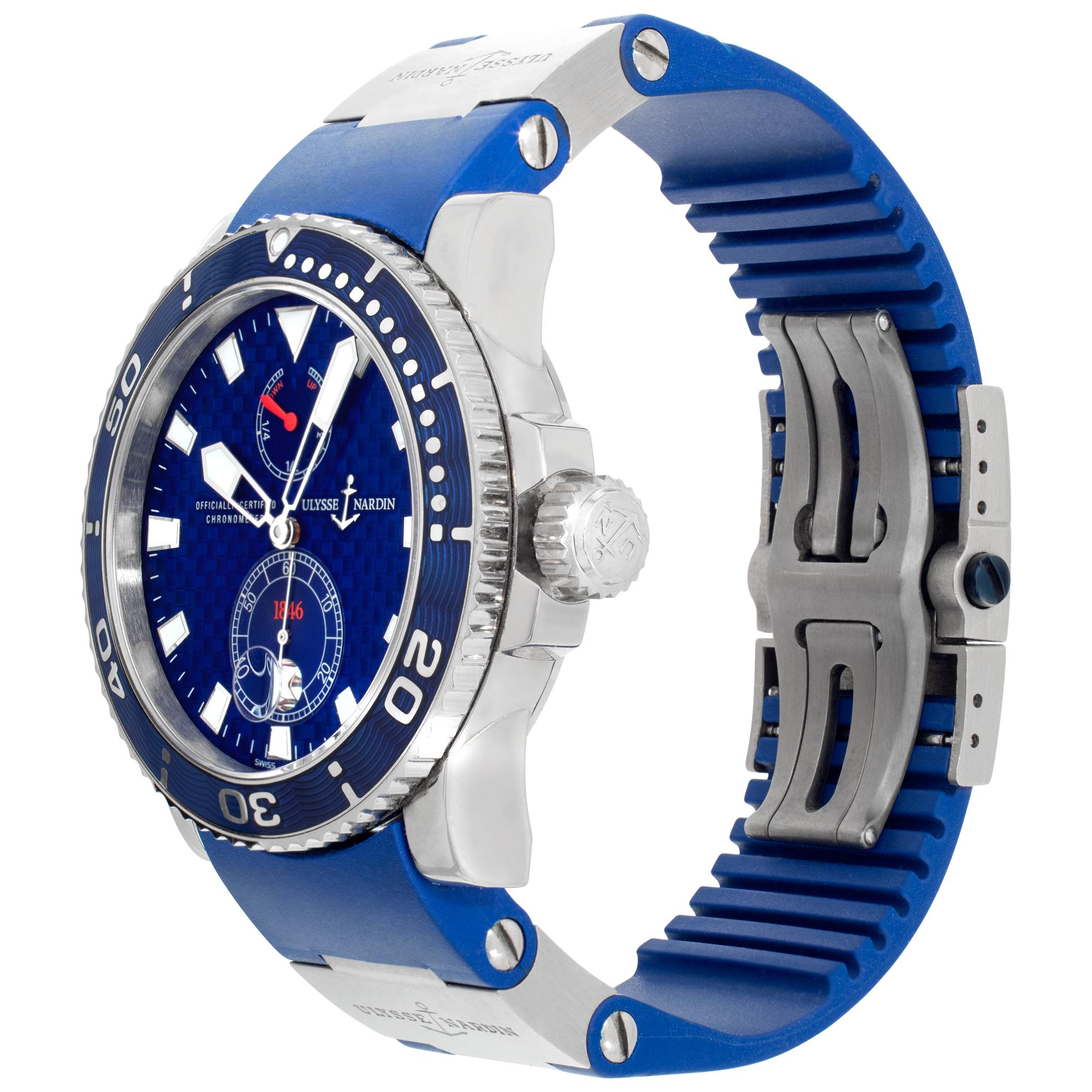 Limited Edition Ulysse Nardin Marine Diver in 18k white gold with blue dial, bezel and rubber strap. Automtaic movement under glass w/ subseconds, date and power reserve. 42.5 mm case size. With box and booklets. Ref 260-32-3a. Circs 2010s. Fine