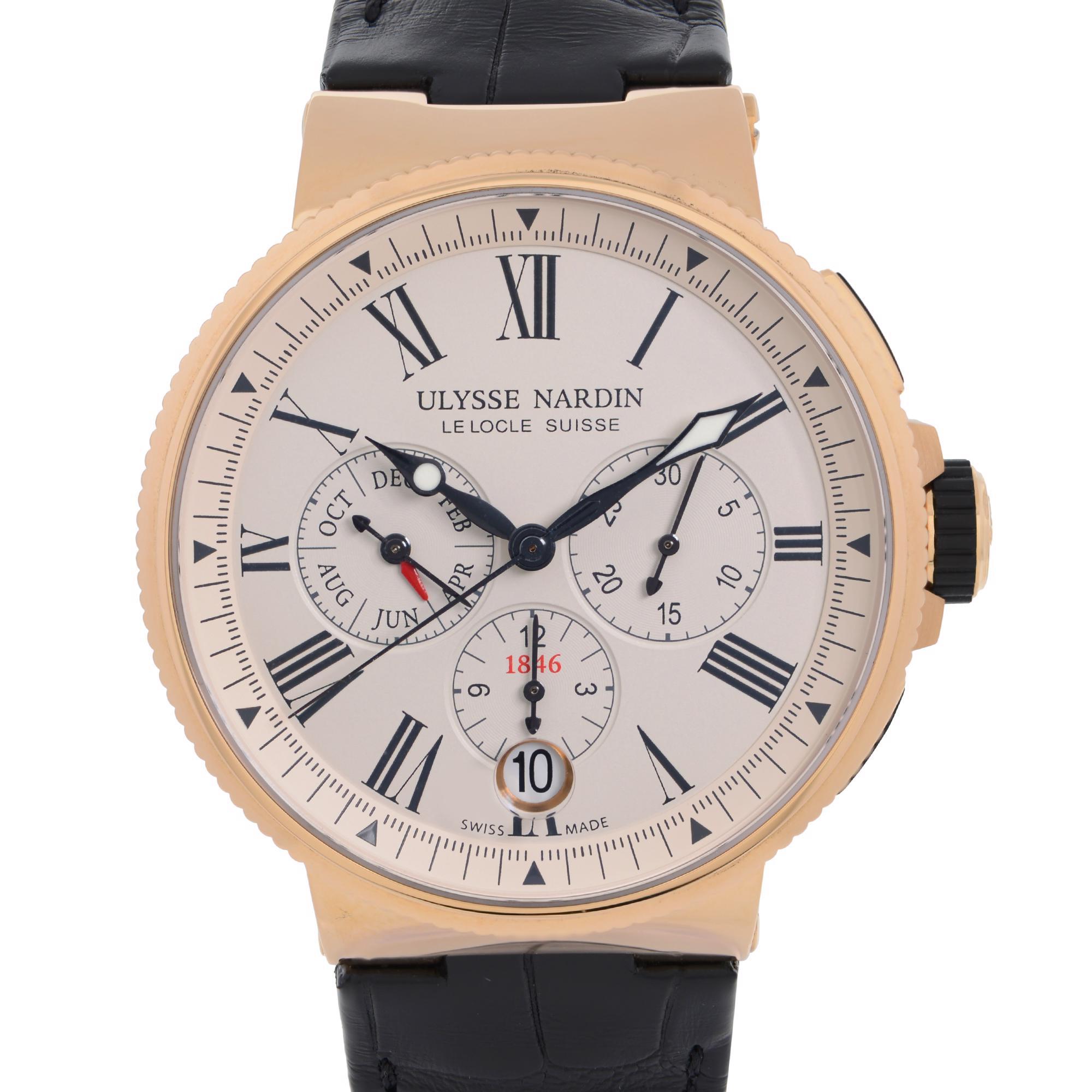 Unworn Ulysse Nardin Marine 43mm Chronograph18k Rose Gold Cream Dial Automatic Men's Watch 1532-150/40. This Beautiful Timepiece is Powered by an Automatic Movement and Features: 18k Rose Gold Case with a Black Leather Strap, Fixed 18k Rose Gold