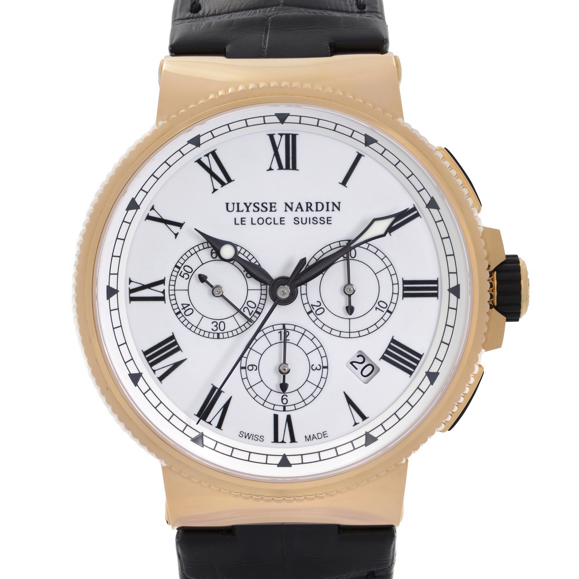 Unworn Limited Edition Ulysse Nardin Marine 43mm Chronograph 18k Yellow Gold White Dial 1506-150/LE. This Beautiful Timepiece is Powered by an Automatic Movement and Features: 18k Rose Gold Case with a Black Leather Strap, Fixed 18k Rose Gold Bezel,