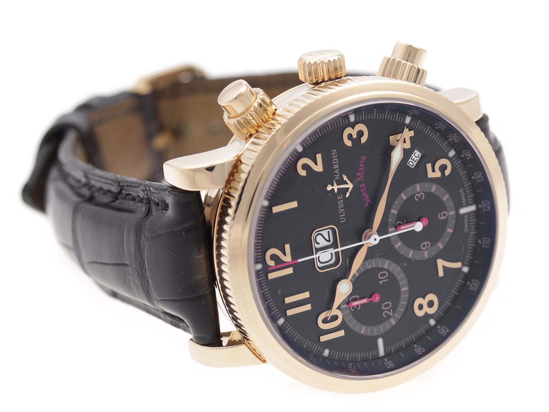18K Rose Gold Ulysse Nardin Limited Edition Marine Chrono 516-22 watch, water resistance to 100m, with date, chronograph, and leather strap.

Watch	
Brand:	Ulysse Nardin
Series:	Marine Chrono
Model #:	516-22
Gender:	Men’s
Condition:	Good Condition