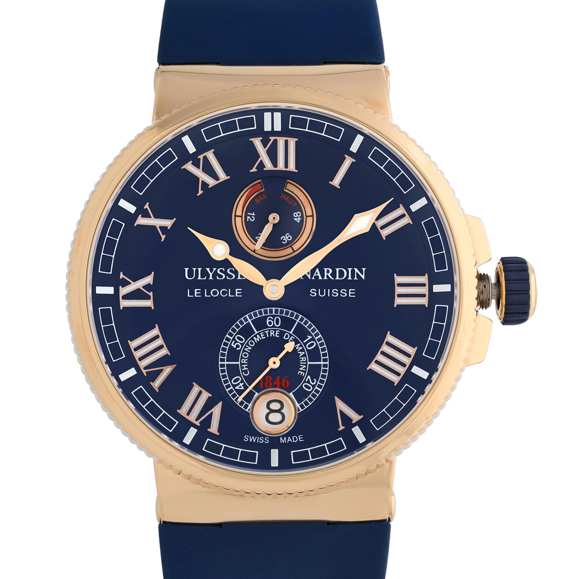 Pre-owned Ulysse Nardin Marine Chronometer 18K Rose Gold Automatic Mens Watch. This Beautiful Timepiece Features: 18kt Rose Gold Case with a Blue Rubber with 18kt Rose Gold Inserts Strap, Fixed Coin Edge 18kt Rose Gold Bezel, Blue Dial with Rose