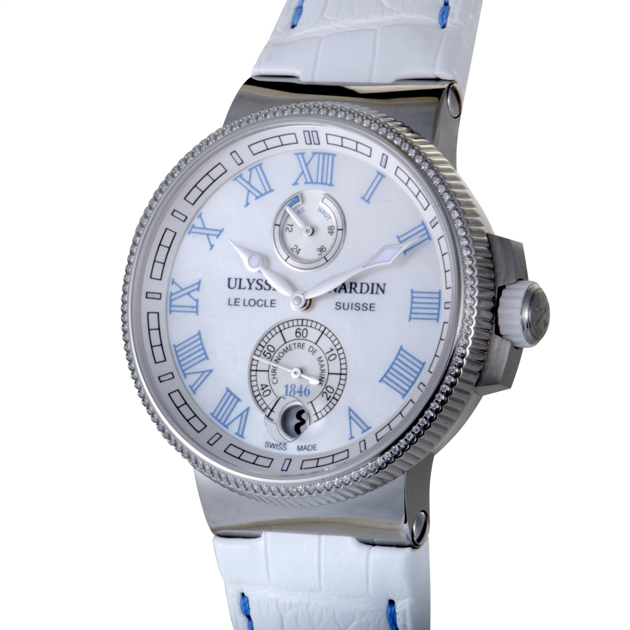Wonderful symmetry, delightful harmony, and tender overall tone produce a gorgeous sense of graceful femininity in this charming timepiece from Ulysse Nardin which offers the brand’s renowned technical quality in an aesthetically refined setting.